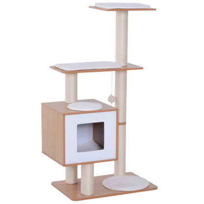 Wooden Cat Scratching Tree 71.5x49.5x120 cm Cat Tower with Cave Platforms Sisal Scratching Posts Soft Plush Cushions and Hanging Balls Natural