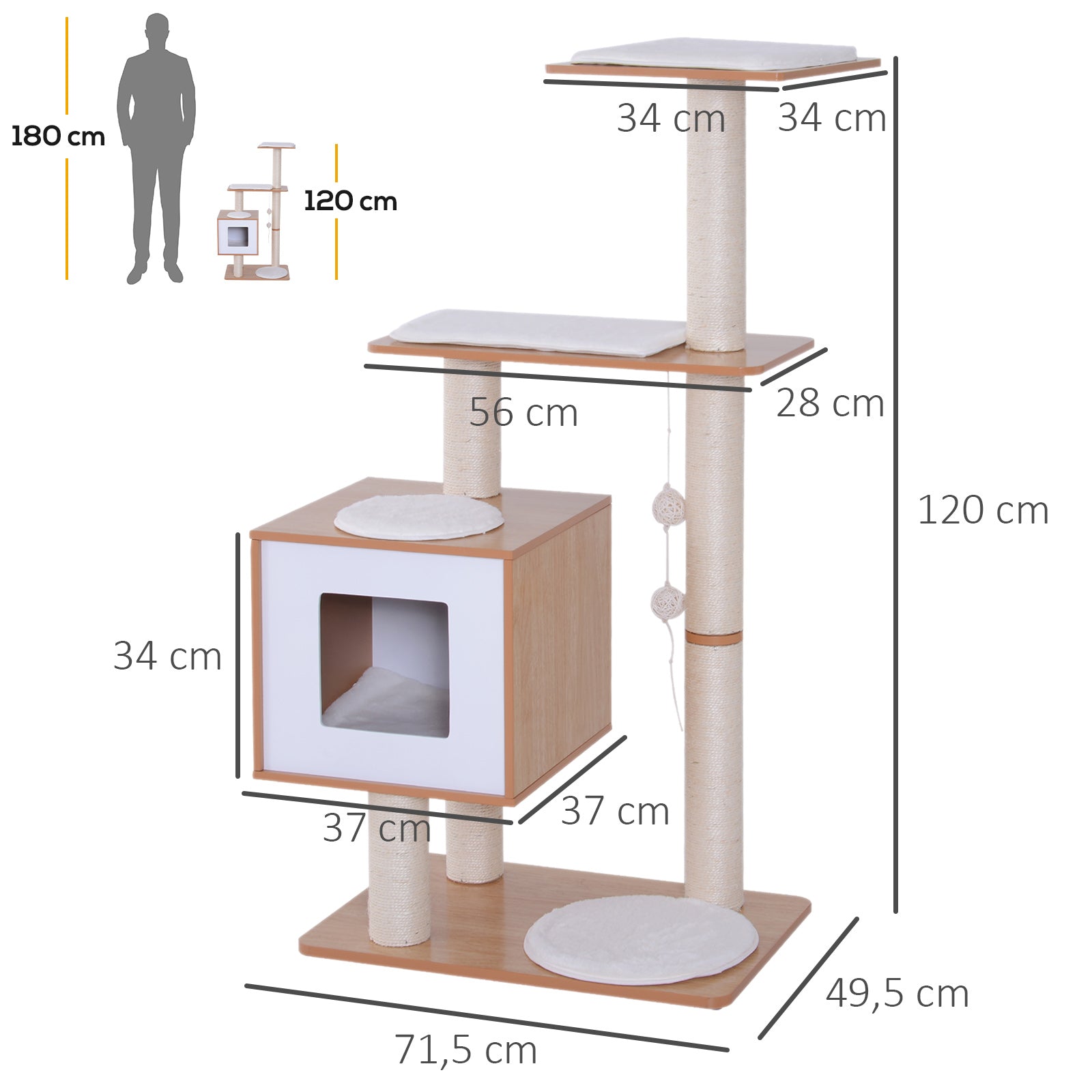 Wooden Cat Scratching Tree 71.5x49.5x120 cm Cat Tower with Cave Platforms Sisal Scratching Posts Soft Plush Cushions and Hanging Balls Natural