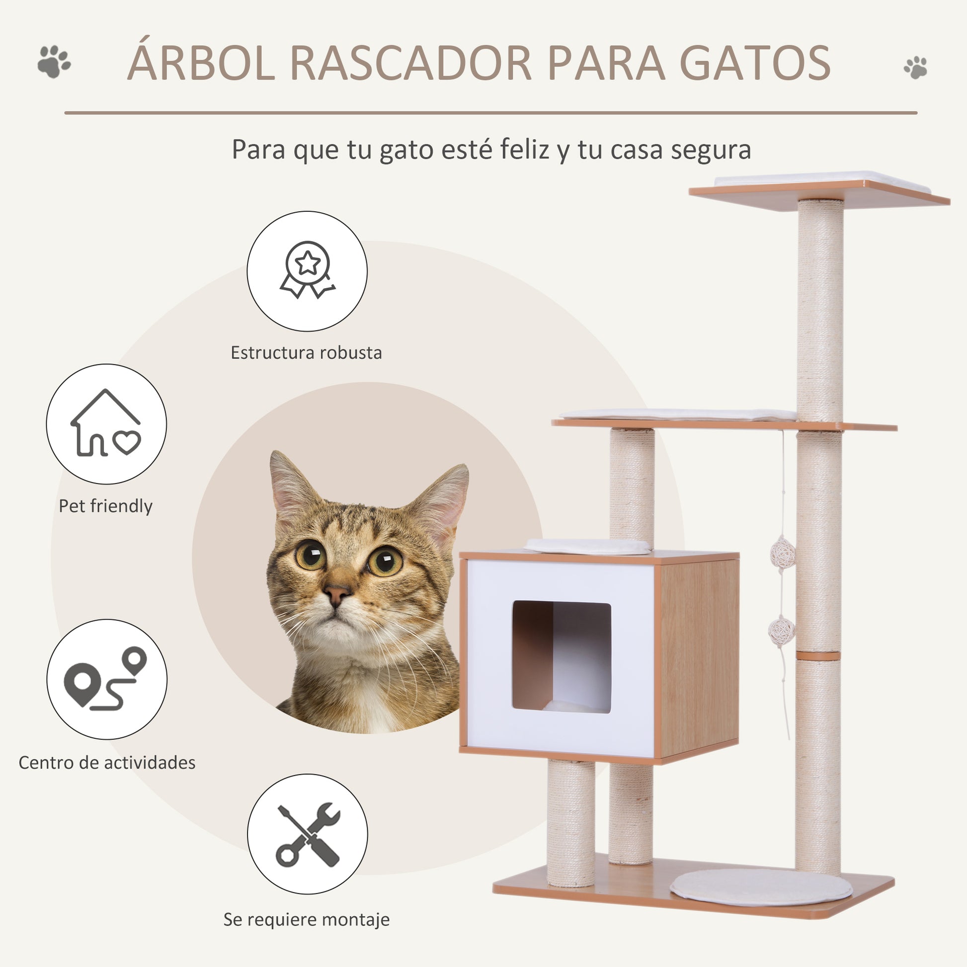 Wooden Cat Scratching Tree 71.5x49.5x120 cm Cat Tower with Cave Platforms Sisal Scratching Posts Soft Plush Cushions and Hanging Balls Natural