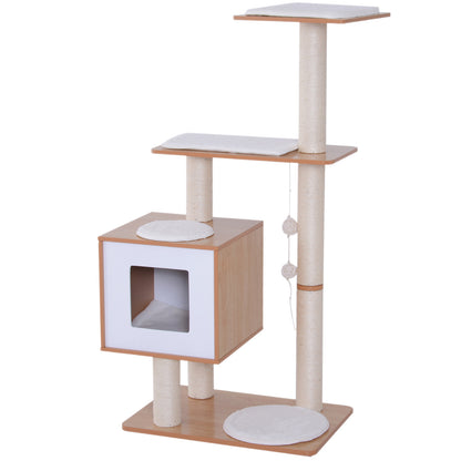 Wooden Cat Scratching Tree 71.5x49.5x120 cm Cat Tower with Cave Platforms Sisal Scratching Posts Soft Plush Cushions and Hanging Balls Natural