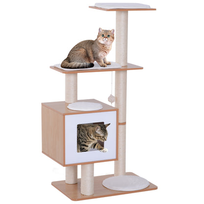 Wooden Cat Scratching Tree 71.5x49.5x120 cm Cat Tower with Cave Platforms Sisal Scratching Posts Soft Plush Cushions and Hanging Balls Natural