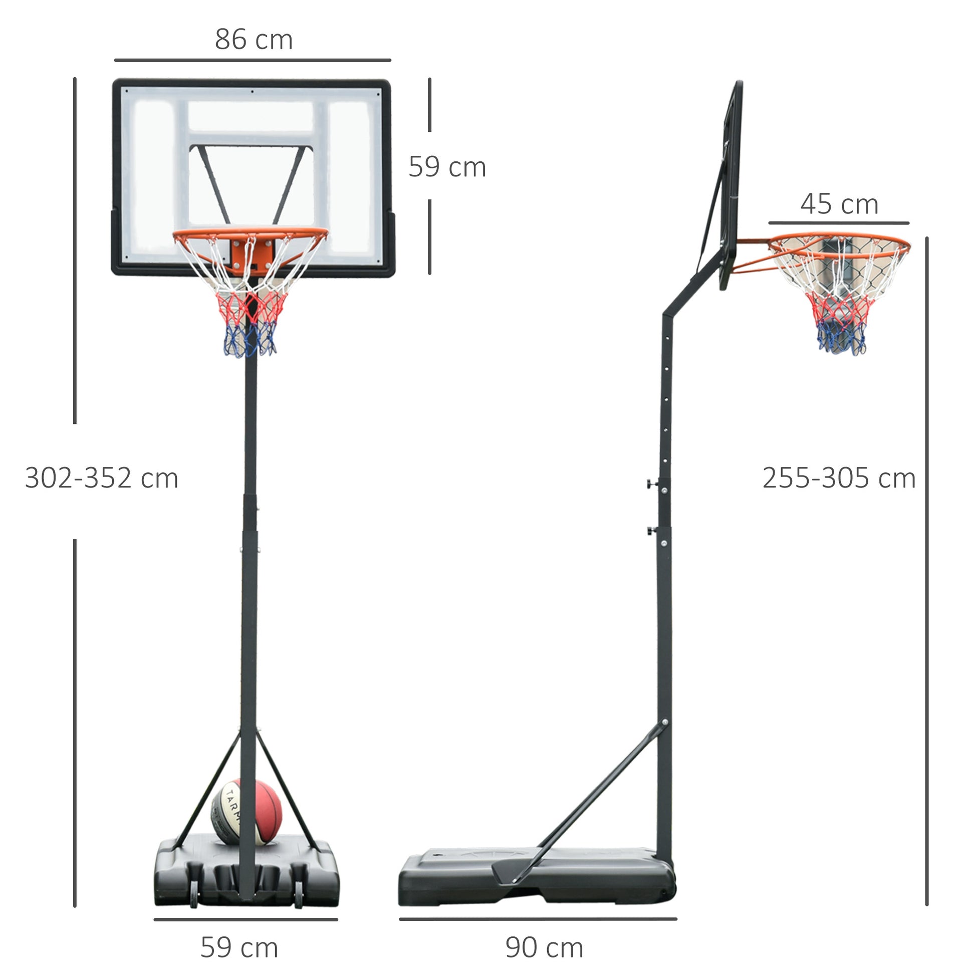 Basketball Hoop with Portable Adjustable Basketball Hoop Stand Height 302-352 cm with Wheels Fillable Base for Kids and Adults Black