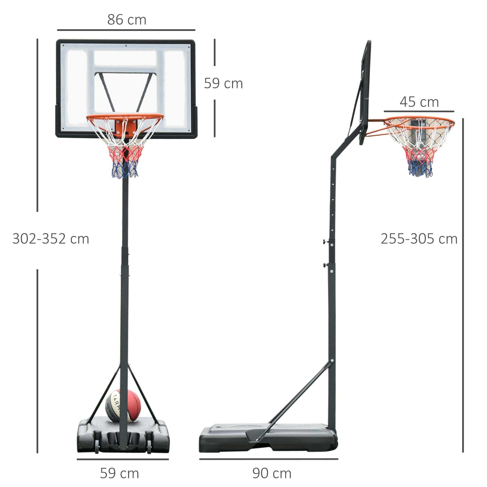 Basketball Hoop with Portable Adjustable Basketball Hoop Stand Height 302-352 cm with Wheels Fillable Base for Kids and Adults Black