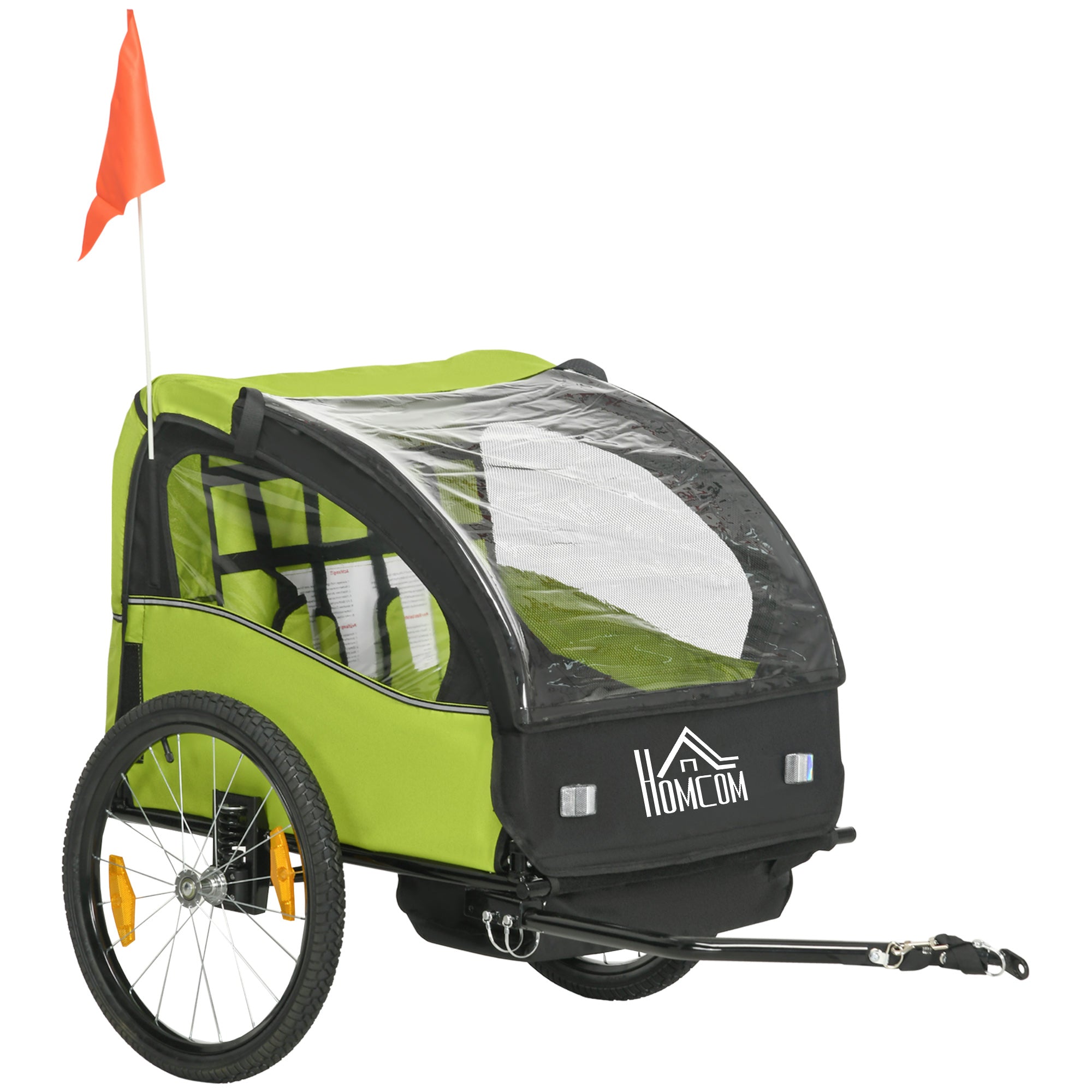 Bike Trailer for Kids +18 Months 2-Seater Stroller with Safety Belt Storage Space and Shock Absorber System 140x88x90 cm Green