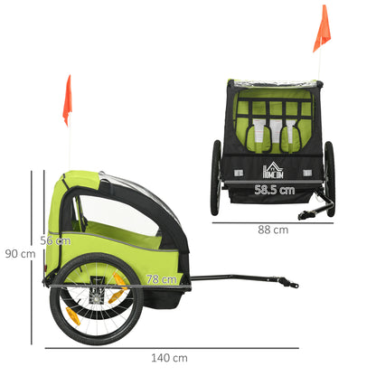 Bike Trailer for Kids +18 Months 2-Seater Stroller with Safety Belt Storage Space and Shock Absorber System 140x88x90 cm Green