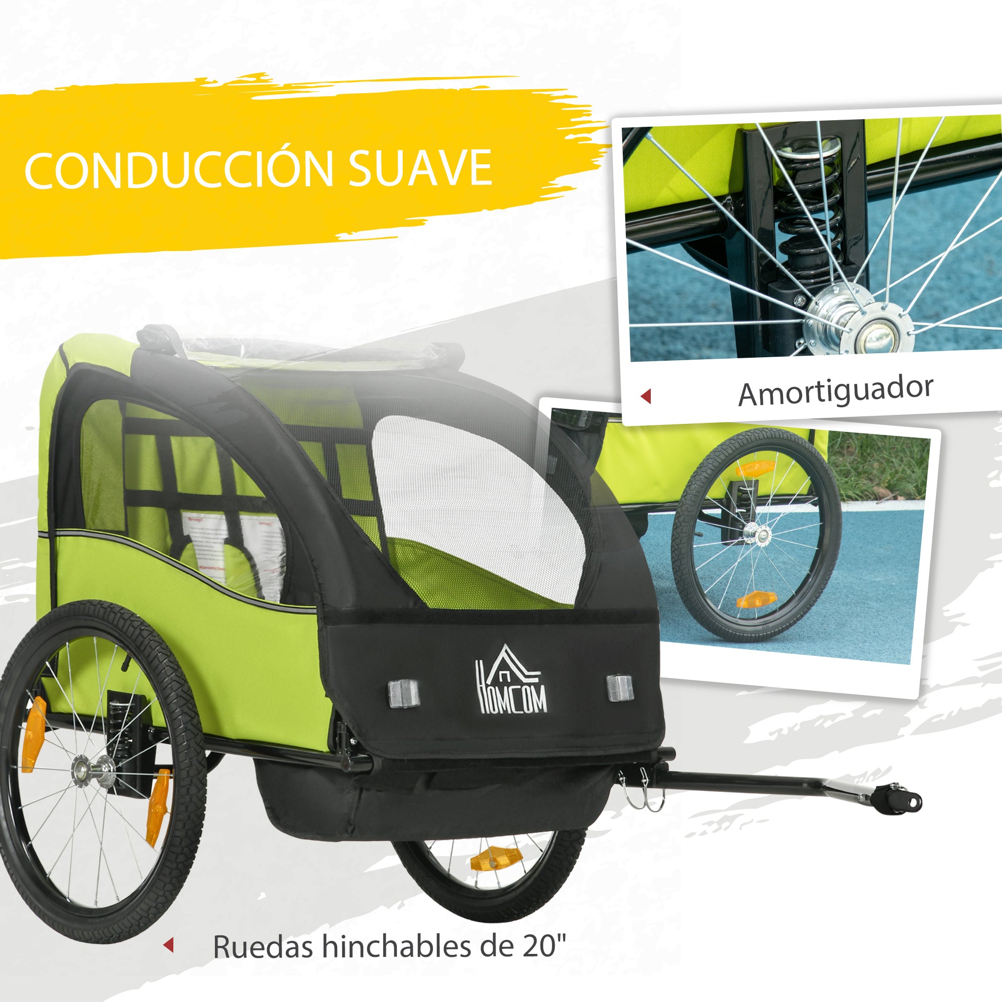 Bike Trailer for Kids +18 Months 2-Seater Stroller with Safety Belt Storage Space and Shock Absorber System 140x88x90 cm Green