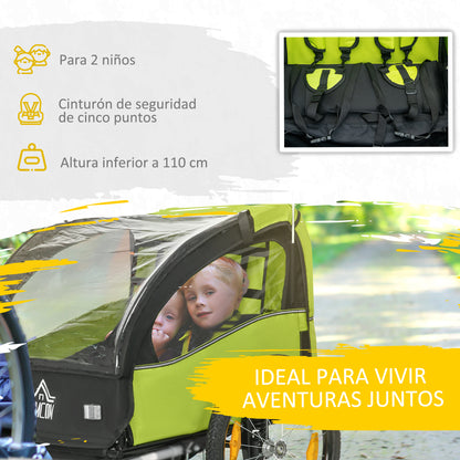 Bike Trailer for Kids +18 Months 2-Seater Stroller with Safety Belt Storage Space and Shock Absorber System 140x88x90 cm Green