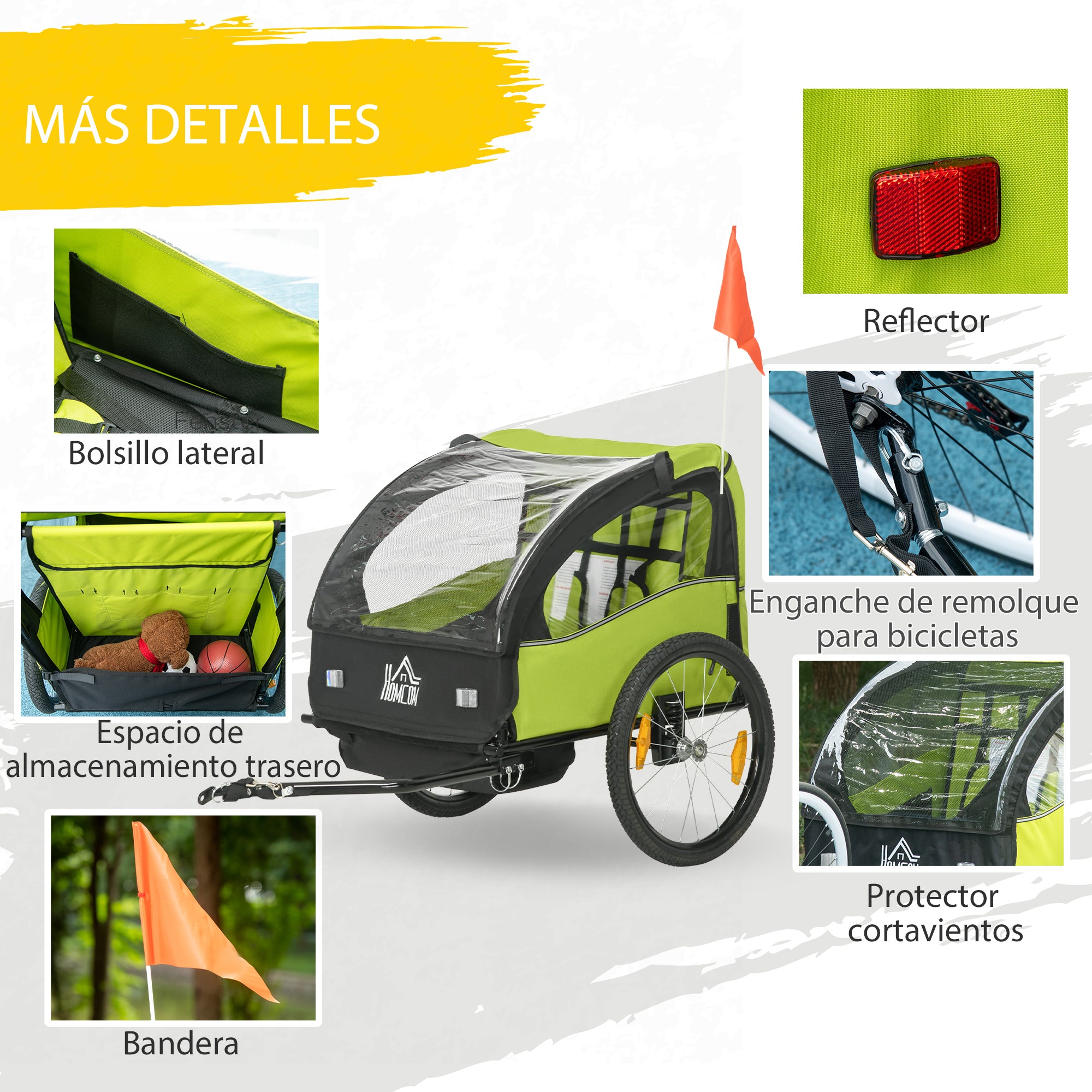 Bike Trailer for Kids +18 Months 2-Seater Stroller with Safety Belt Storage Space and Shock Absorber System 140x88x90 cm Green