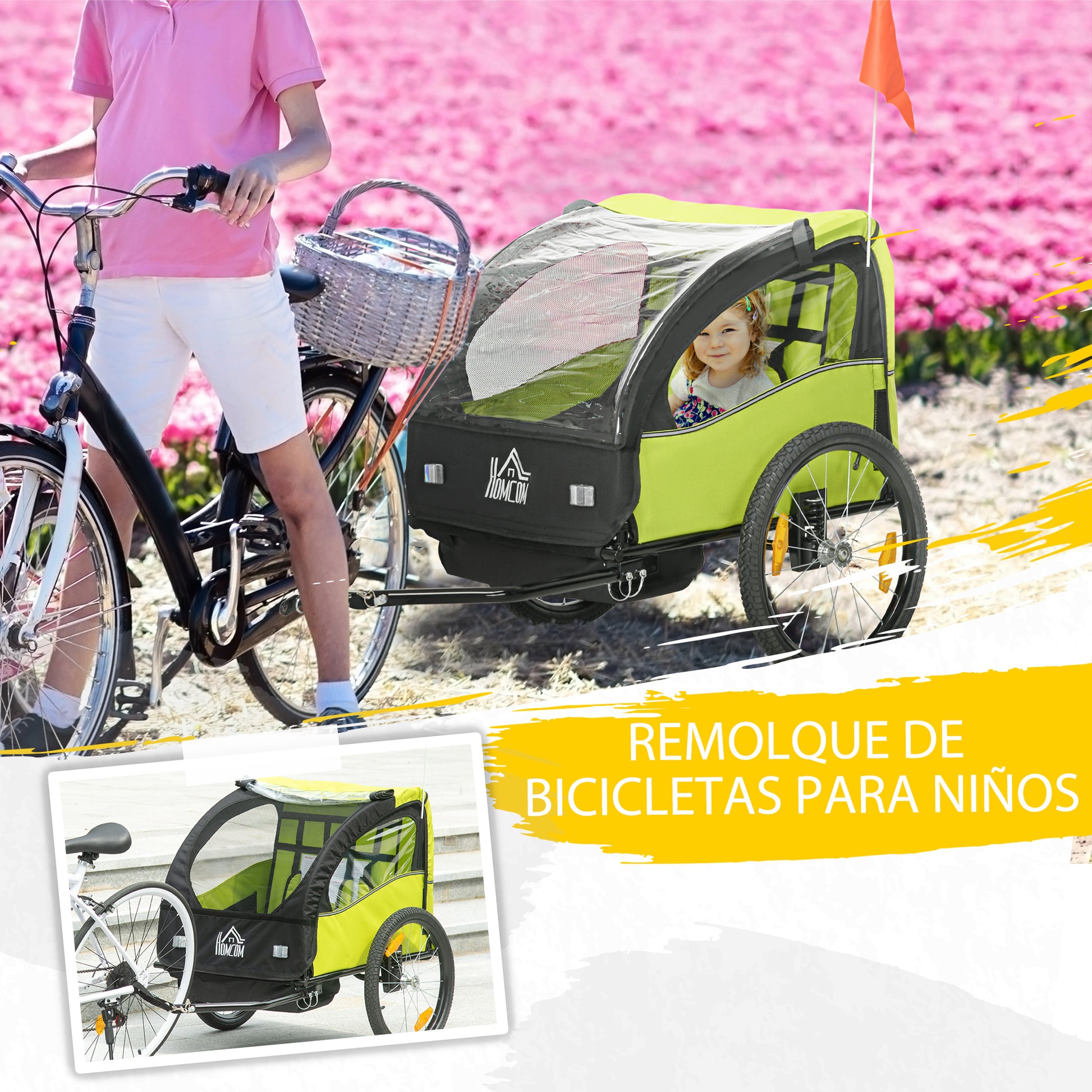 Bike Trailer for Kids +18 Months 2-Seater Stroller with Safety Belt Storage Space and Shock Absorber System 140x88x90 cm Green