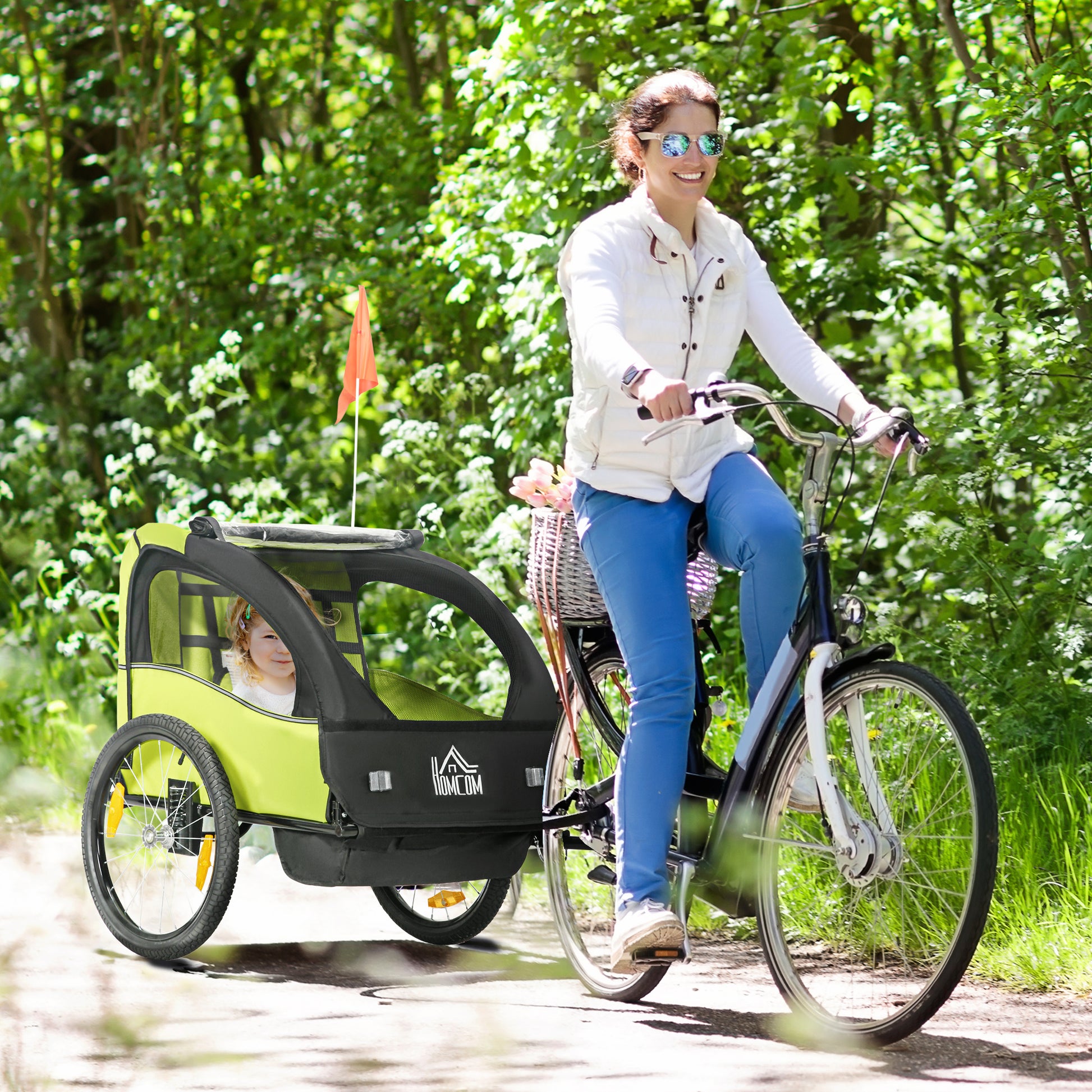 Bike Trailer for Kids +18 Months 2-Seater Stroller with Safety Belt Storage Space and Shock Absorber System 140x88x90 cm Green