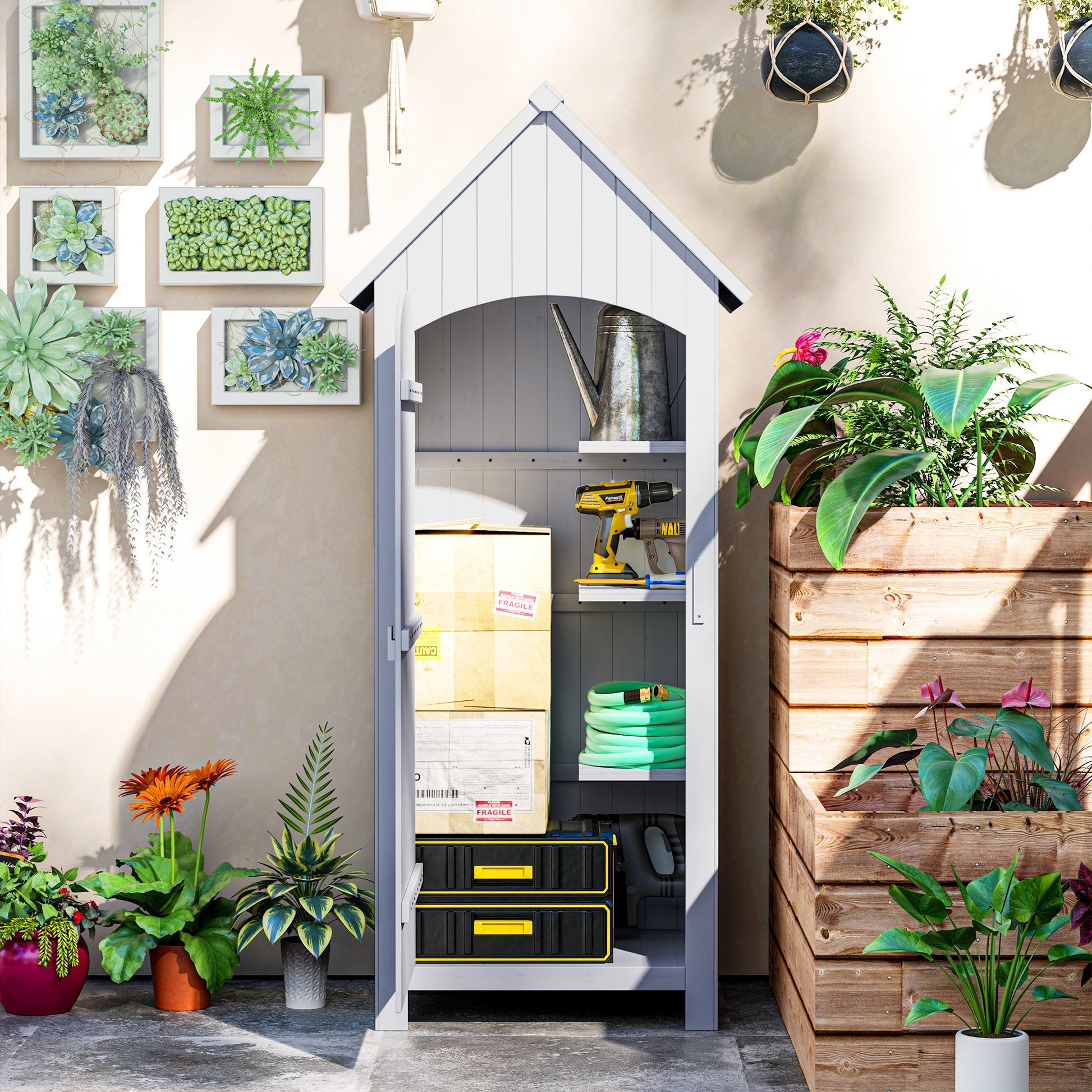 Garden Shed Wooden Outdoor Garden Cabin Garden Cabinet with Bituminous Roof 3 Shelves Door with Latch Outdoor Storage and Storage for Terrace 77.5 x 54.2 x 179.5 cm White