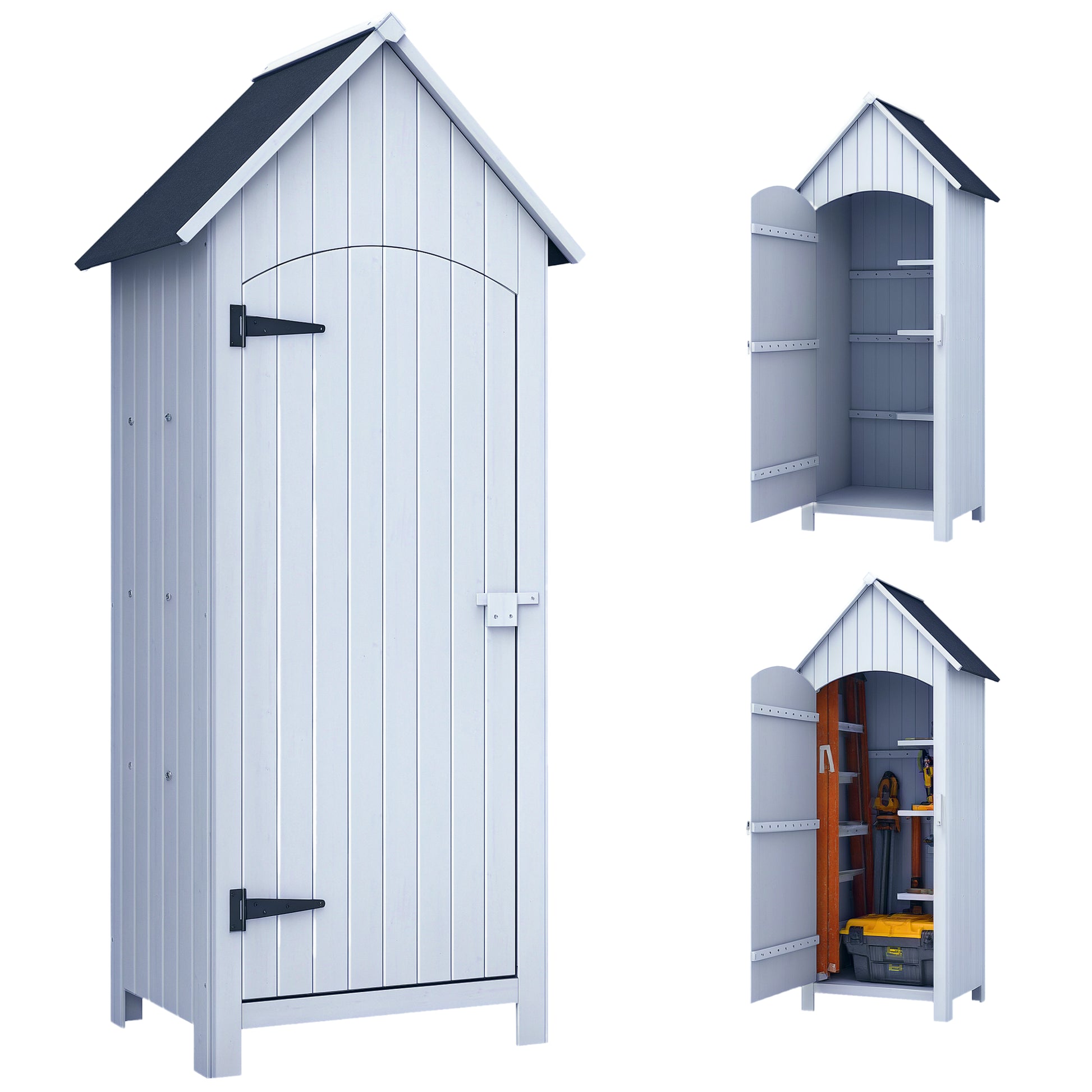 Garden Shed Wooden Outdoor Garden Cabin Garden Cabinet with Bituminous Roof 3 Shelves Door with Latch Outdoor Storage and Storage for Terrace 77.5 x 54.2 x 179.5 cm White