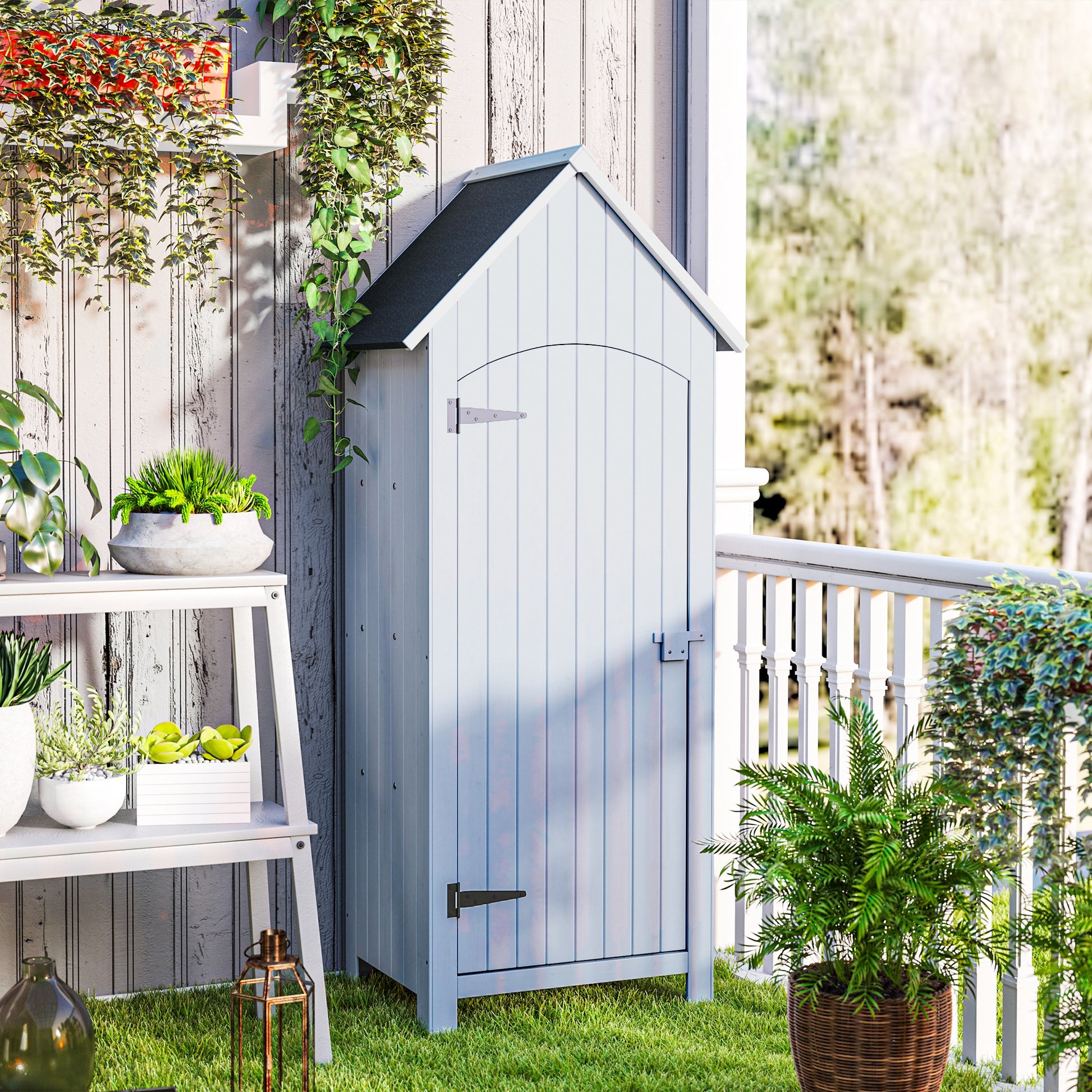 Garden Shed Wooden Outdoor Garden Cabin Garden Cabinet with Bituminous Roof 3 Shelves Door with Latch Outdoor Storage and Storage for Terrace 77.5 x 54.2 x 179.5 cm White