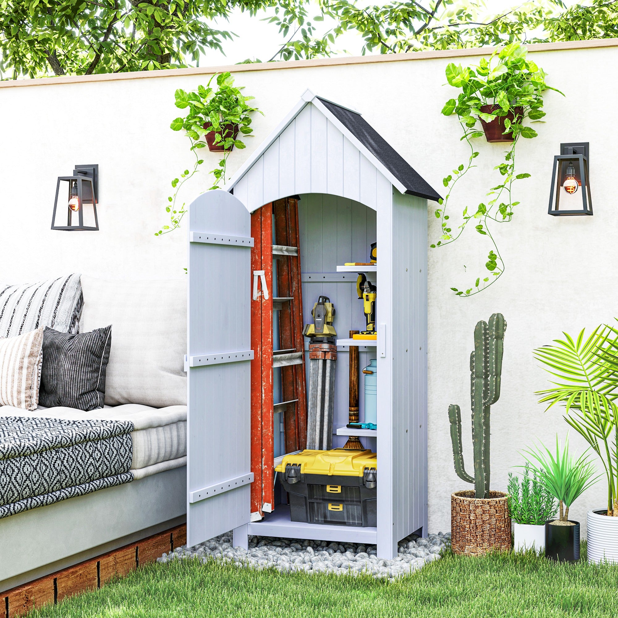 Garden Shed Wooden Outdoor Garden Cabin Garden Cabinet with Bituminous Roof 3 Shelves Door with Latch Outdoor Storage and Storage for Terrace 77.5 x 54.2 x 179.5 cm White