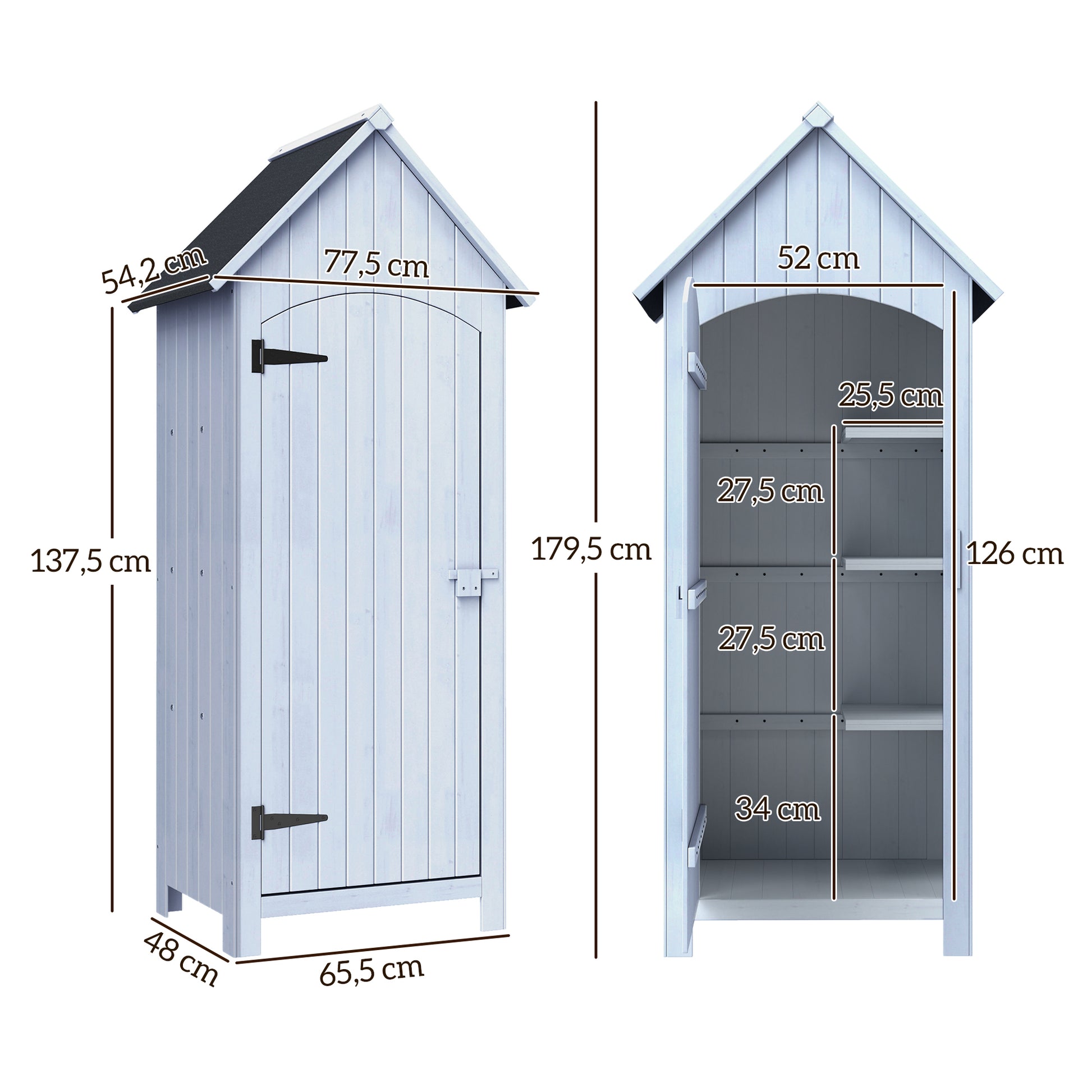 Garden Shed Wooden Outdoor Garden Cabin Garden Cabinet with Bituminous Roof 3 Shelves Door with Latch Outdoor Storage and Storage for Terrace 77.5 x 54.2 x 179.5 cm White
