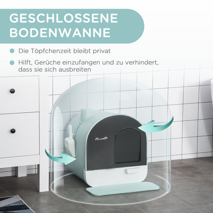 Cat Litter Box with Lid, Cat Toilet including Scoop and Litter Mat, Pull-out Tray, Cat Toilet for Large Cats, Green, 43 x 44 x 47 cm