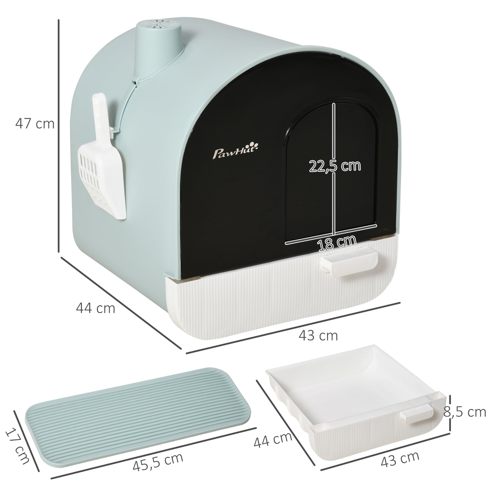 Cat Litter Box with Lid, Cat Toilet including Scoop and Litter Mat, Pull-out Tray, Cat Toilet for Large Cats, Green, 43 x 44 x 47 cm