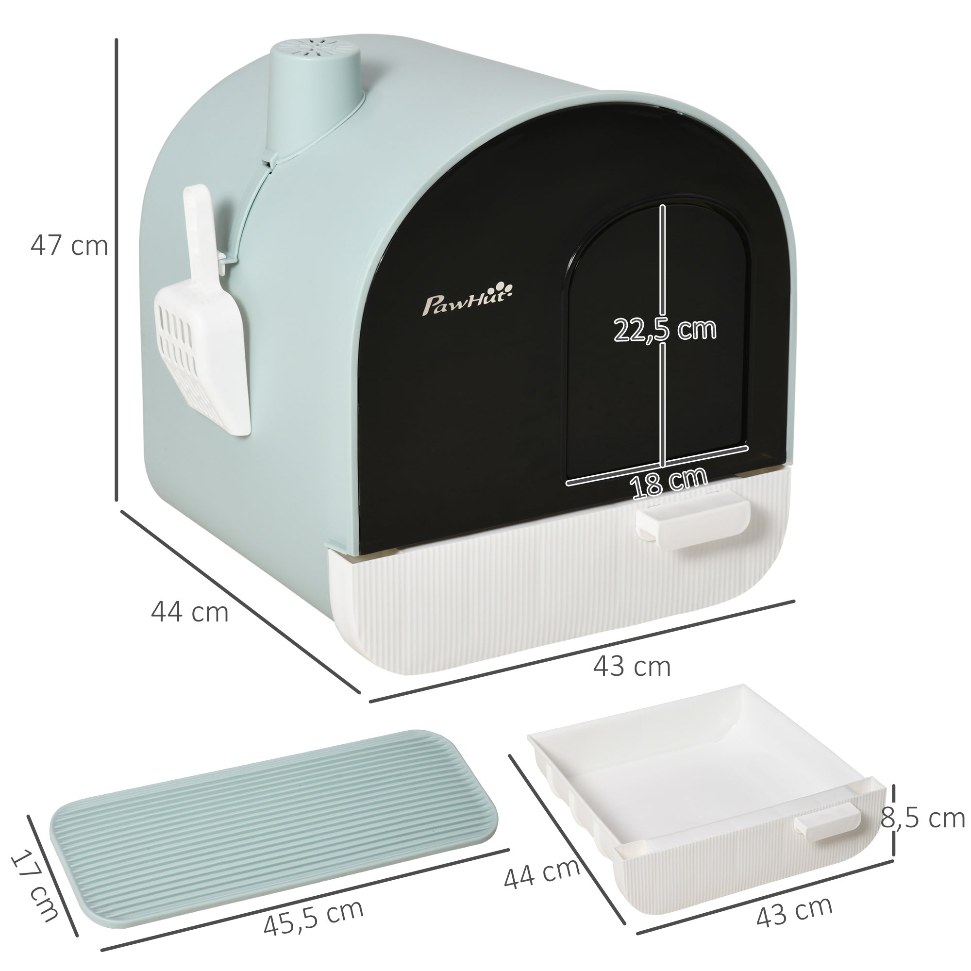 Cat Litter Box with Lid, Cat Toilet including Scoop and Litter Mat, Pull-out Tray, Cat Toilet for Large Cats, Green, 43 x 44 x 47 cm