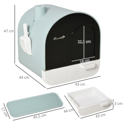 Cat Litter Box with Lid, Cat Toilet including Scoop and Litter Mat, Pull-out Tray, Cat Toilet for Large Cats, Green, 43 x 44 x 47 cm