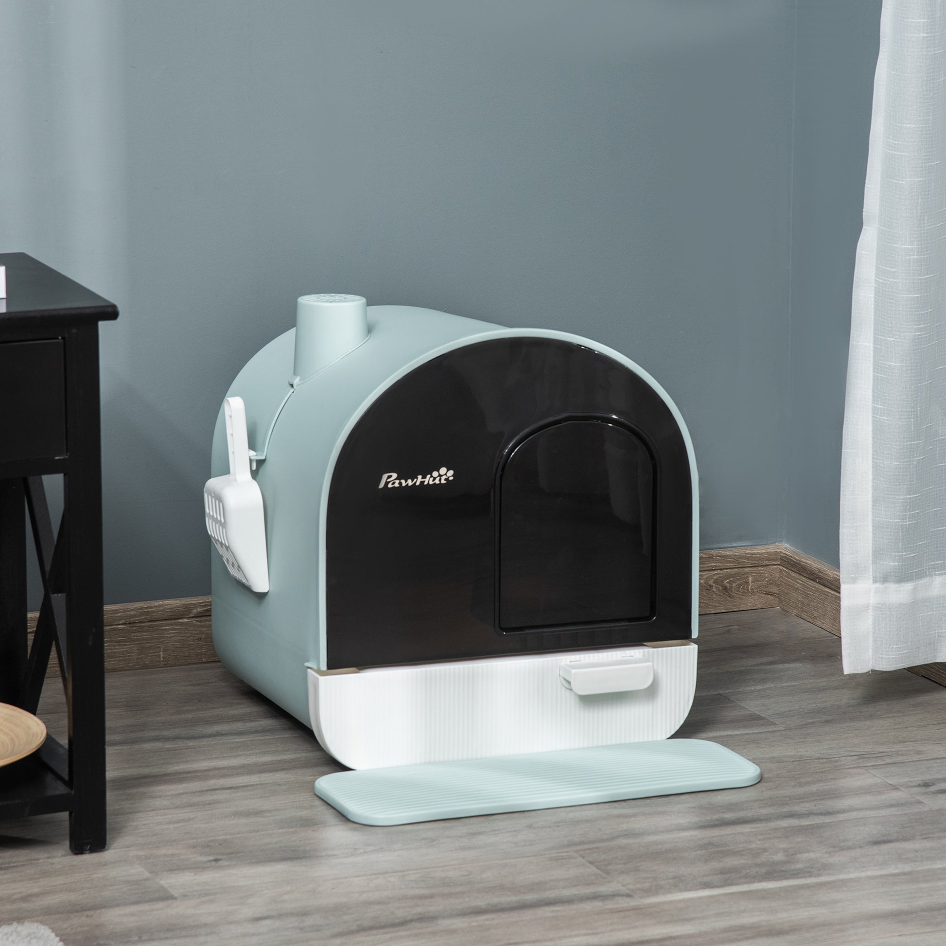 Cat Litter Box with Lid, Cat Toilet including Scoop and Litter Mat, Pull-out Tray, Cat Toilet for Large Cats, Green, 43 x 44 x 47 cm