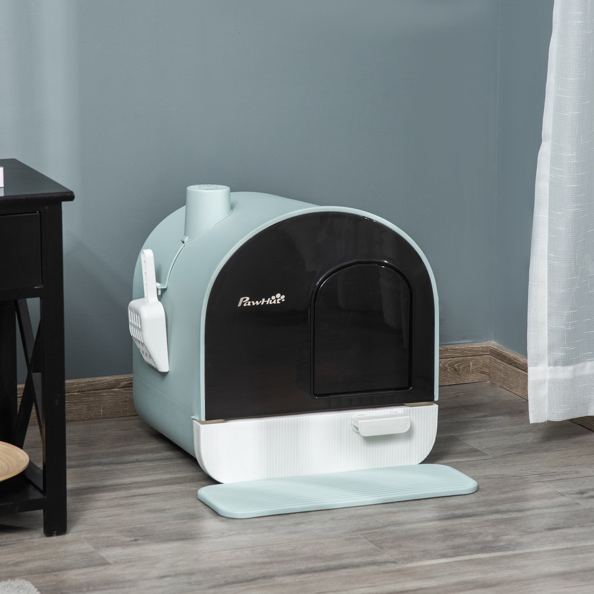 Cat Litter Box with Lid, Cat Toilet including Scoop and Litter Mat, Pull-out Tray, Cat Toilet for Large Cats, Green, 43 x 44 x 47 cm