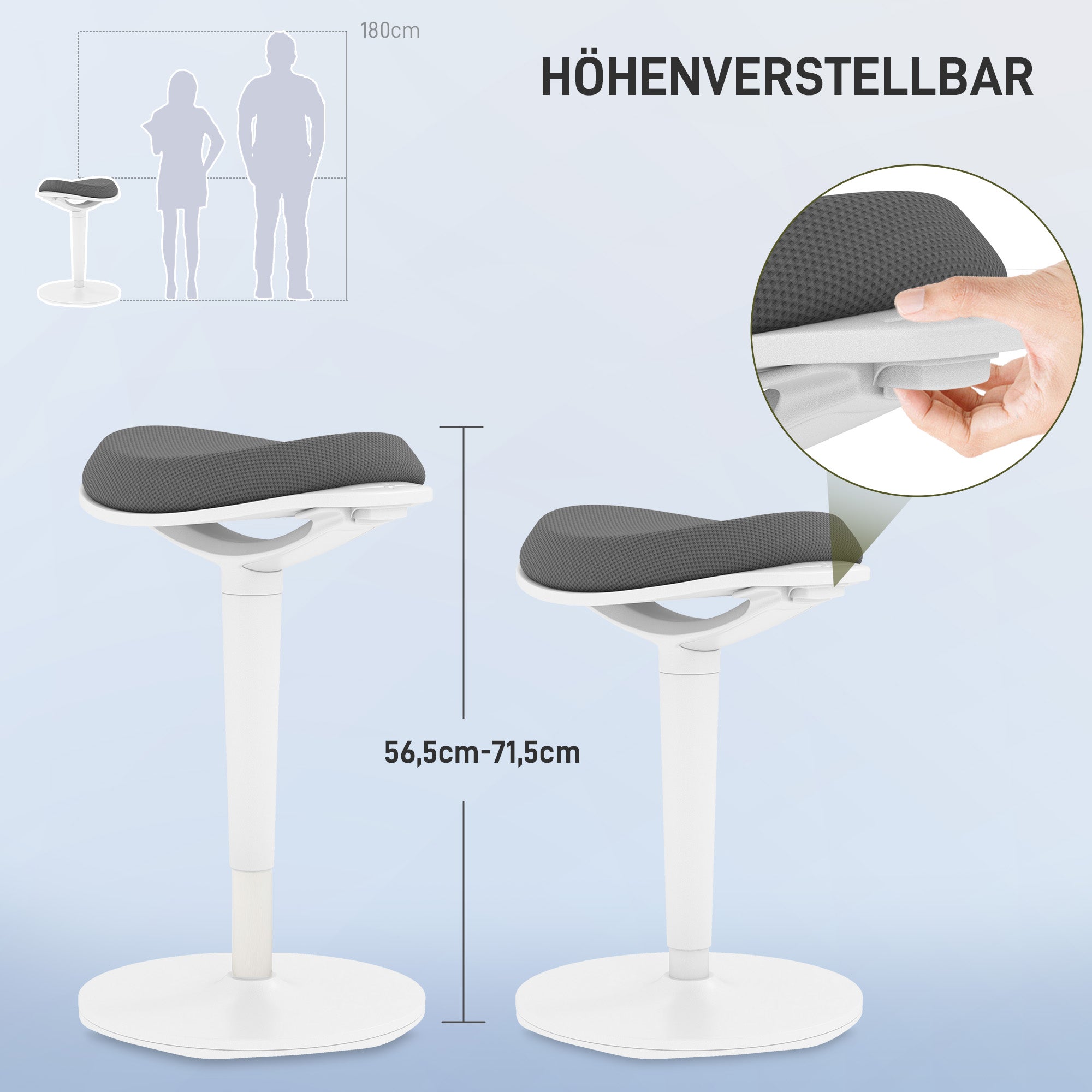 Sitting Stool, Ergonomic Office Stool, 56.5-71.5 cm Adjustable Height Work Stool, Swivel Chair for Office, Study Room, Mesh, Gray