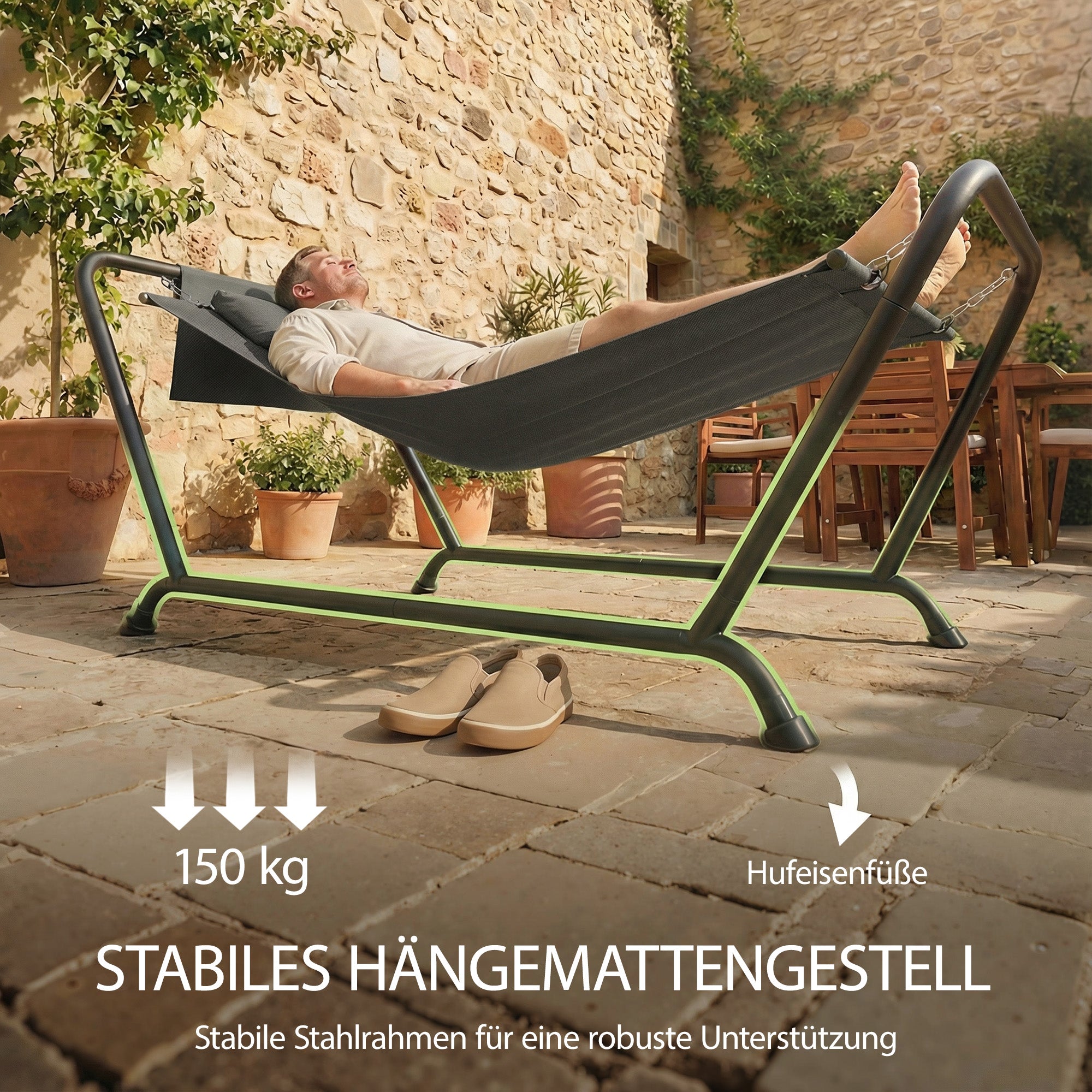 Freestanding Hammock with Stand 93 x 35 in — Spreader-Bar Hammock with Padded Headrest & Side Pocket, Powder-Coated Steel Frame, Holds up to 330 lb — Dark Gray