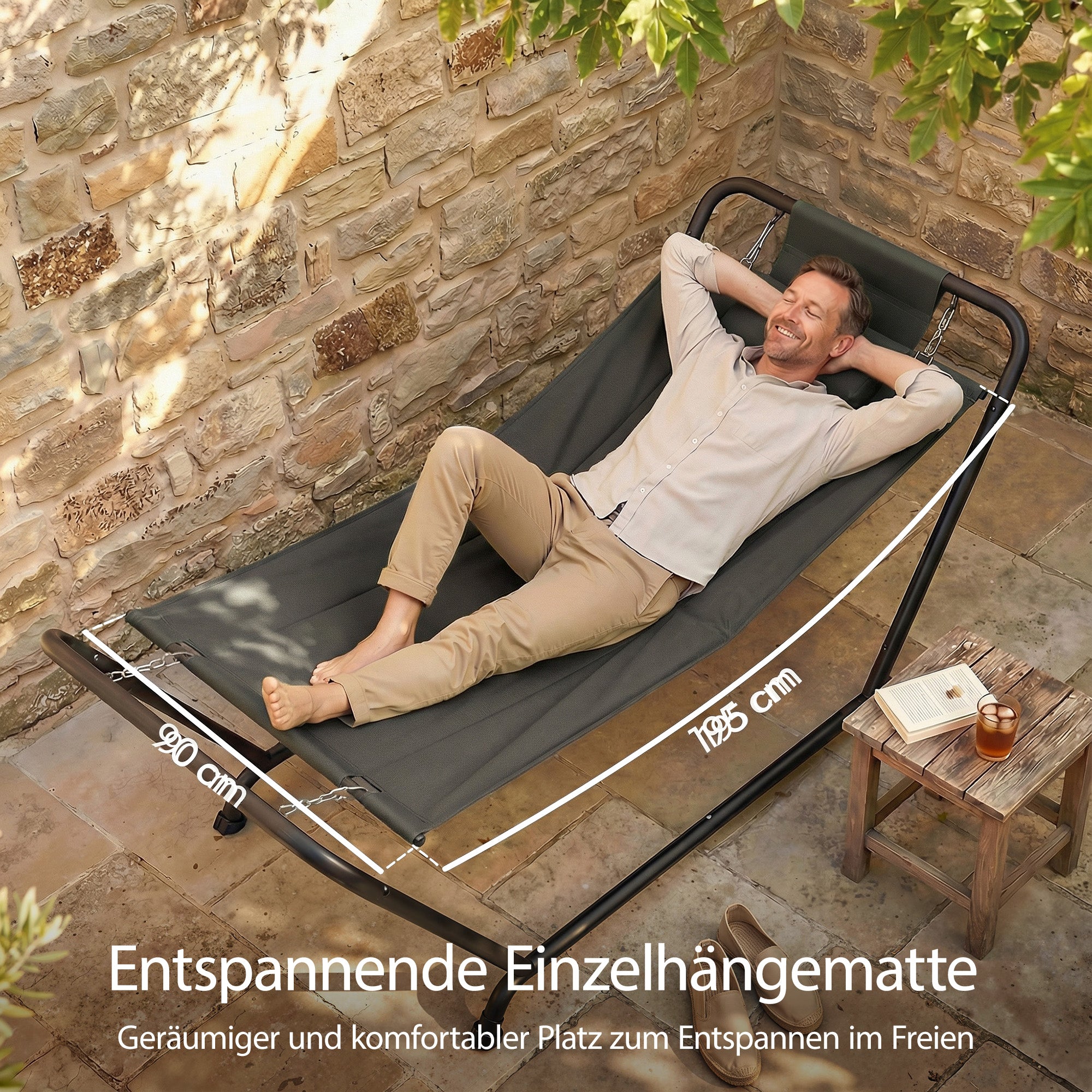 Freestanding Hammock with Stand 93 x 35 in — Spreader-Bar Hammock with Padded Headrest & Side Pocket, Powder-Coated Steel Frame, Holds up to 330 lb — Dark Gray