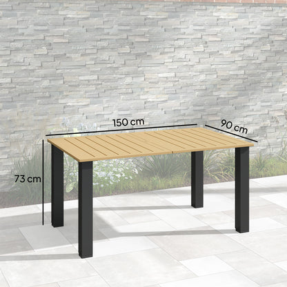 Rectangular Garden Table Outdoor Patio Terrace Table 150x90x73 cm with Steel Legs Umbrella Hole and Slatted Design Load 70 kg for Terrace Patio Brown