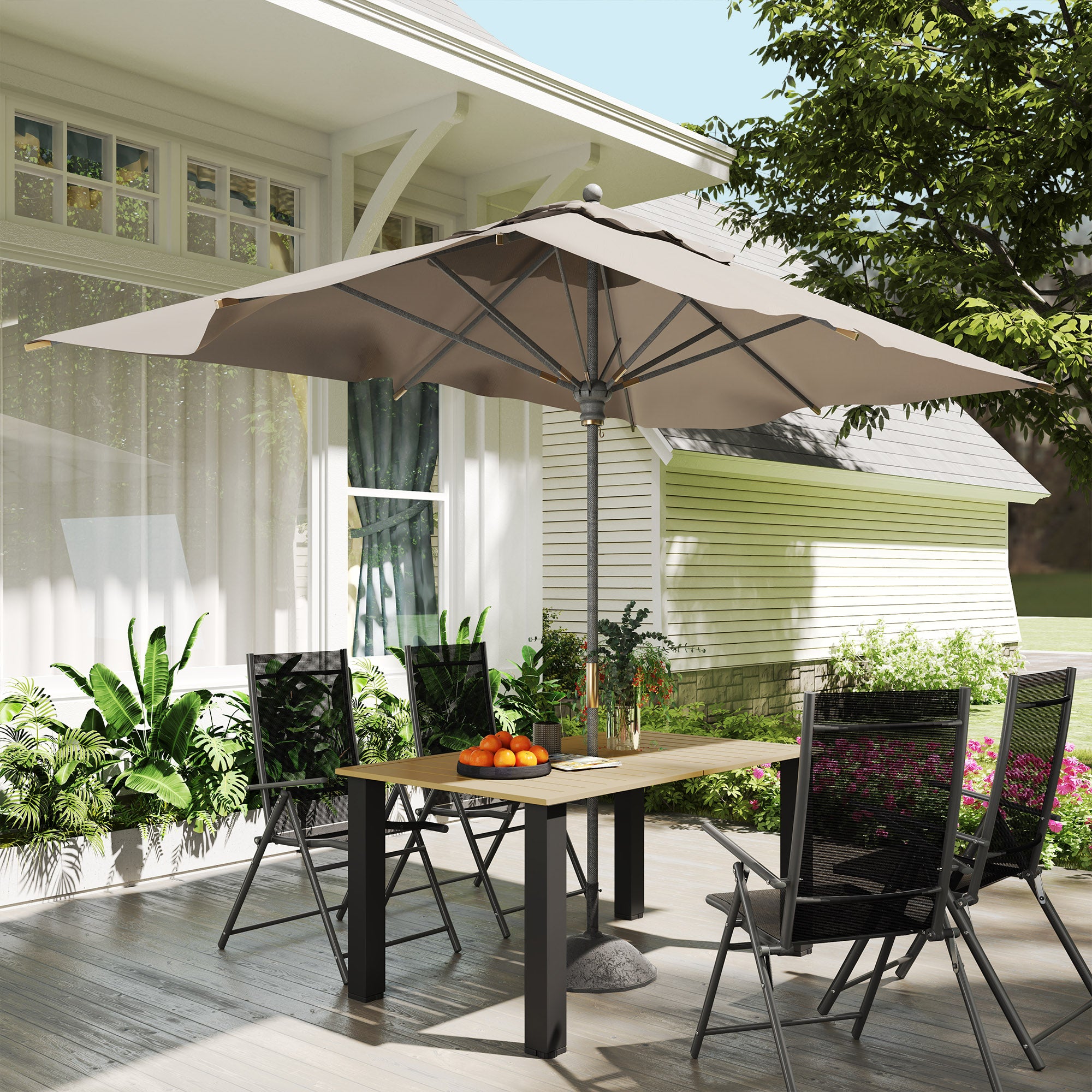 Rectangular Garden Table Outdoor Patio Terrace Table 150x90x73 cm with Steel Legs Umbrella Hole and Slatted Design Load 70 kg for Terrace Patio Brown