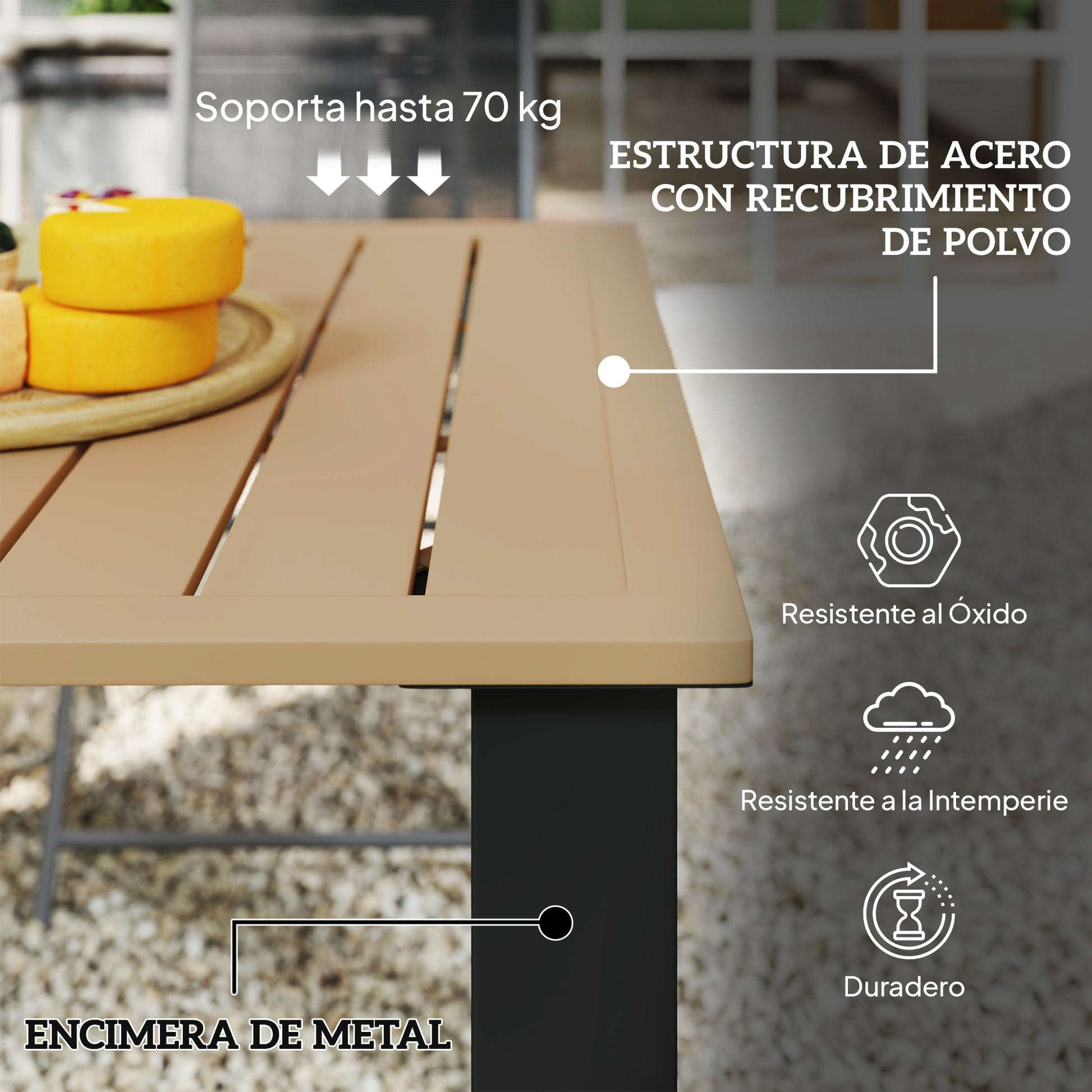 Rectangular Garden Table Outdoor Patio Terrace Table 150x90x73 cm with Steel Legs Umbrella Hole and Slatted Design Load 70 kg for Terrace Patio Brown