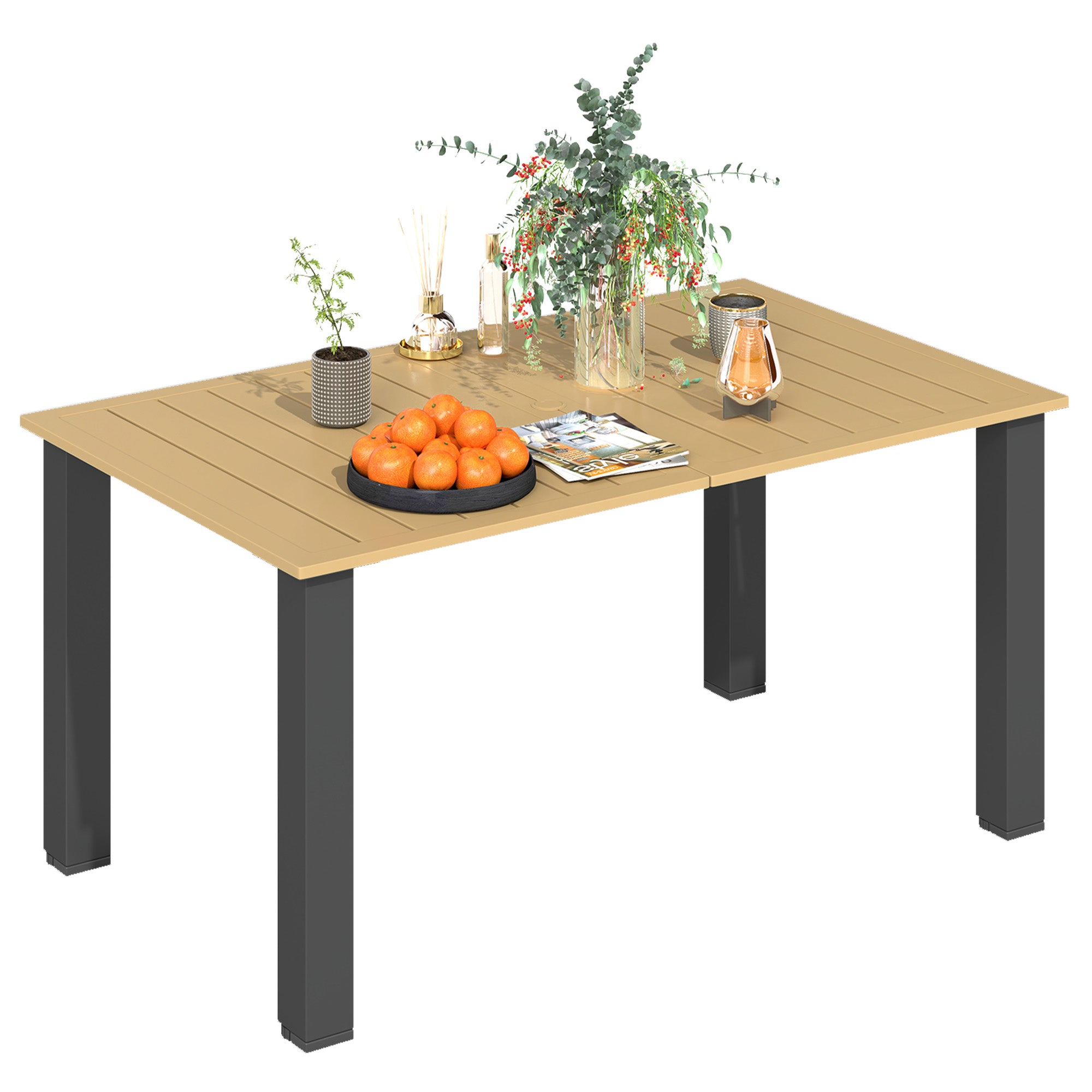 Rectangular Garden Table Outdoor Patio Terrace Table 150x90x73 cm with Steel Legs Umbrella Hole and Slatted Design Load 70 kg for Terrace Patio Brown
