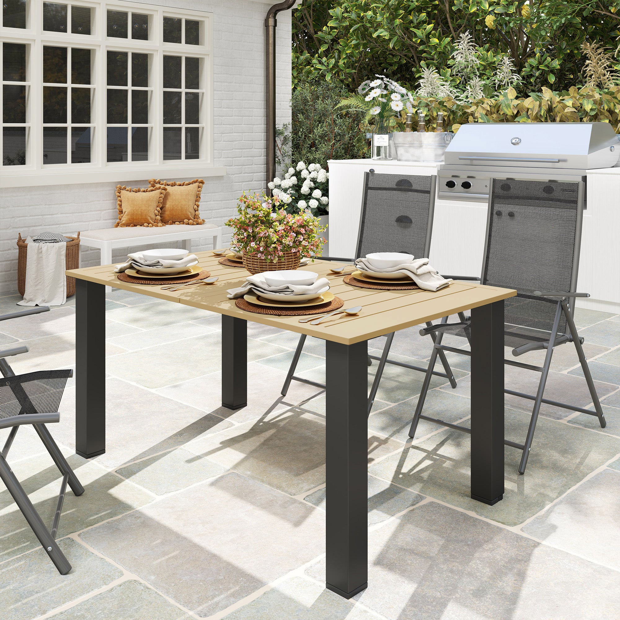 Rectangular Garden Table Outdoor Patio Terrace Table 150x90x73 cm with Steel Legs Umbrella Hole and Slatted Design Load 70 kg for Terrace Patio Brown