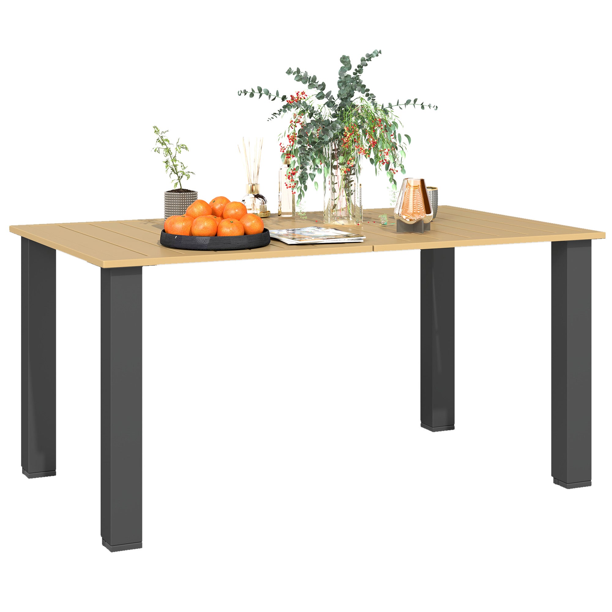 Rectangular Garden Table Outdoor Patio Terrace Table 150x90x73 cm with Steel Legs Umbrella Hole and Slatted Design Load 70 kg for Terrace Patio Brown