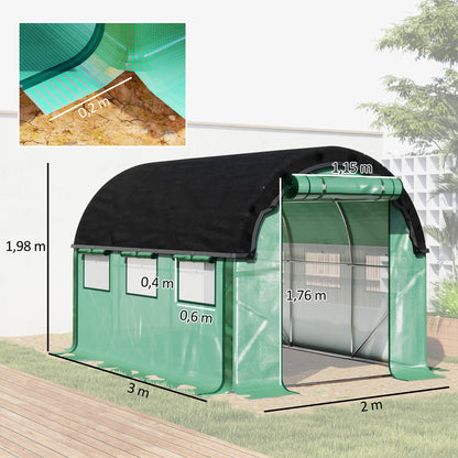 Greenhouse 3 x 2 x 2 m Foil Greenhouse with 6 Windows, Roll-Up Doors, Roll-Up Side Walls, UV-Resistant Foil Tunnel, Winterproof Tomato Greenhouse with Ground Anchors