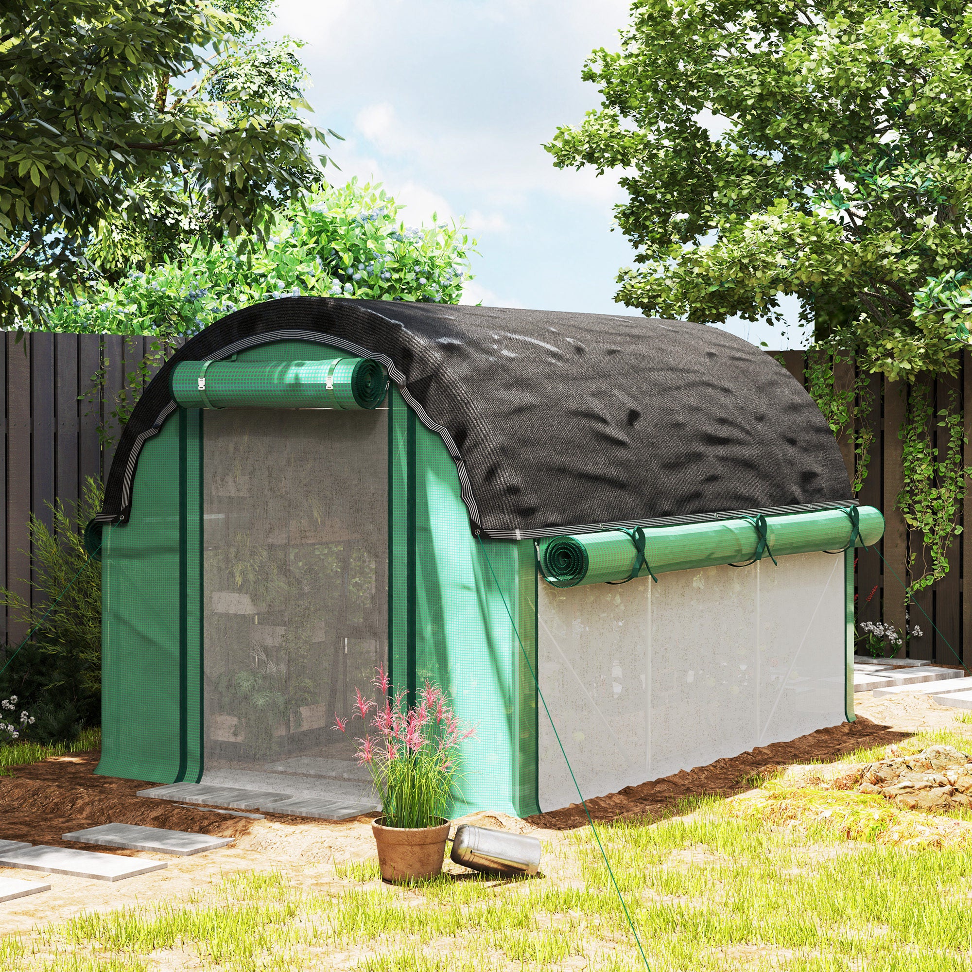 Greenhouse 3 x 2 x 2 m Foil Greenhouse with 6 Windows, Roll-Up Doors, Roll-Up Side Walls, UV-Resistant Foil Tunnel, Winterproof Tomato Greenhouse with Ground Anchors