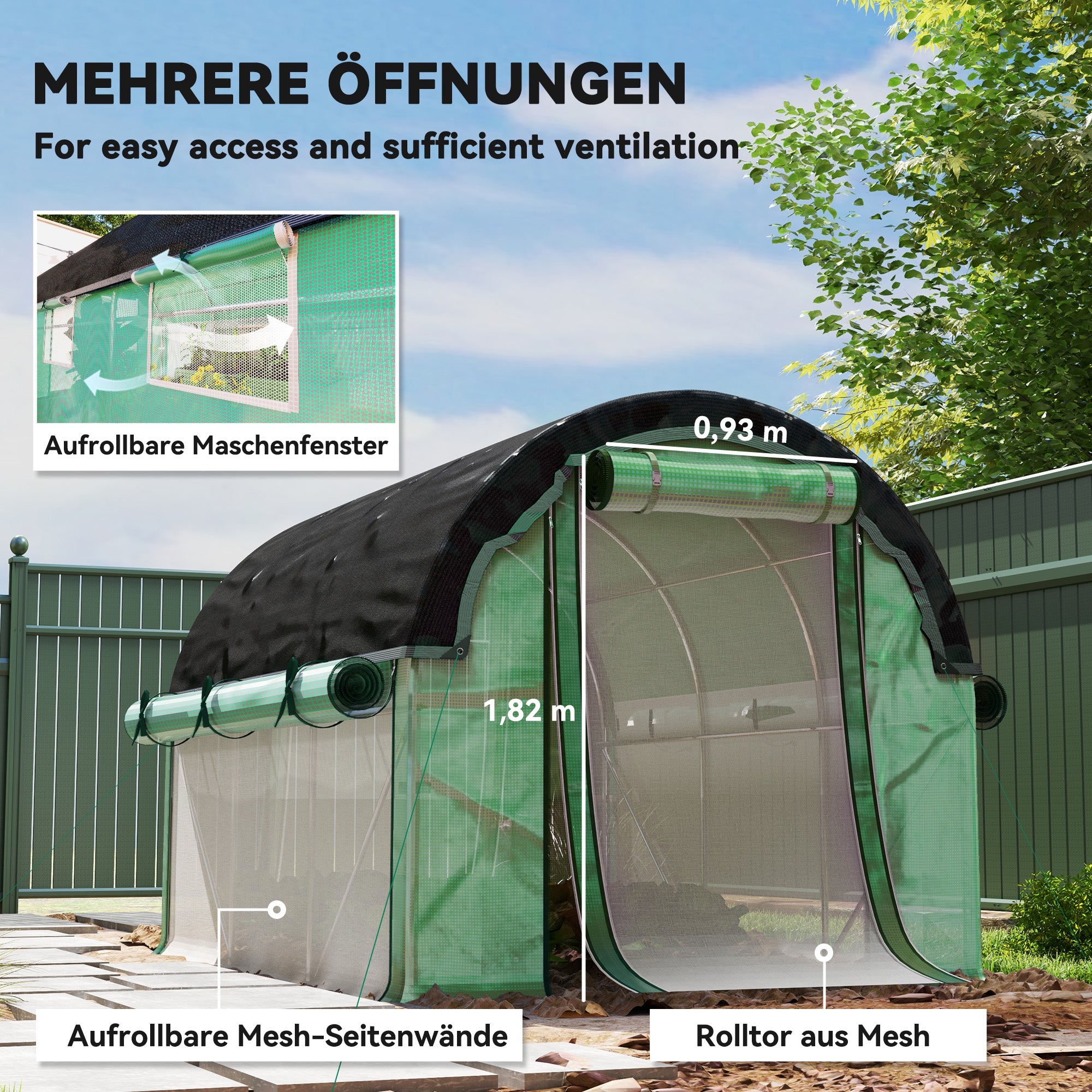 Greenhouse 3 x 2 x 2 m Foil Greenhouse with 6 Windows, Roll-Up Doors, Roll-Up Side Walls, UV-Resistant Foil Tunnel, Winterproof Tomato Greenhouse with Ground Anchors