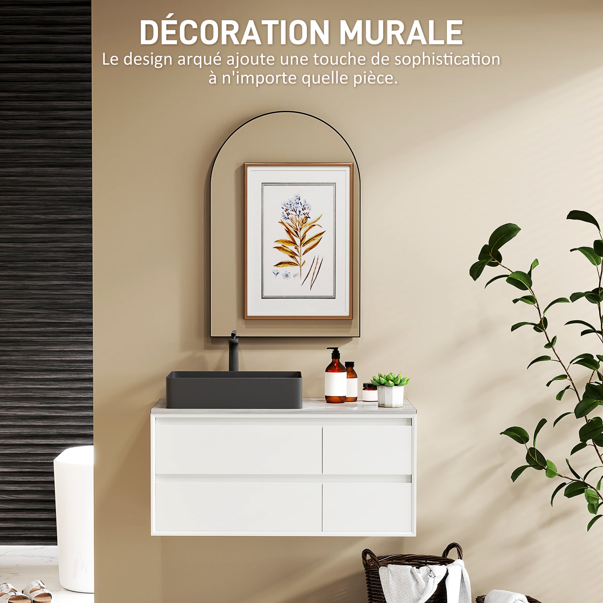 Arched Wall Mirror, Bathroom Mirror, 60 x 90 cm, high definition, with aluminum alloy frame, for bedroom, living room, entryway, black