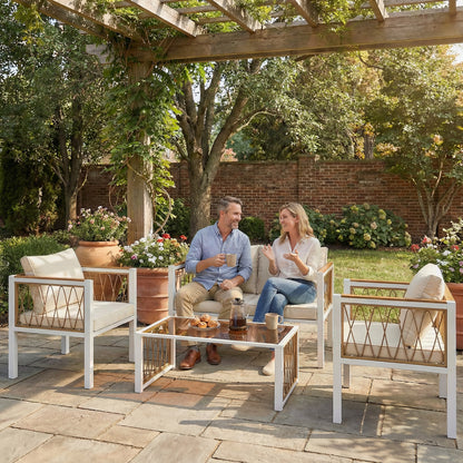 4-Piece Outdoor Rattan Lounge Set — Loveseat, 2 Armchairs & Glass Coffee Table, Removable Cushions, Non-Slip Pads, Balcony/Garden Seating for 4, Cream White