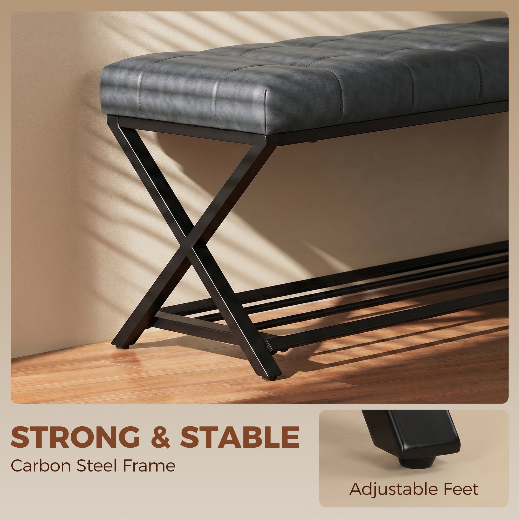 Padded Shoe Bench with Storage — Industrial X-Frame Steel, PU Leather, 485 lb Capacity, 44.1 x 14.6 x 18.5 in (112×37×47 cm), Dark Gray