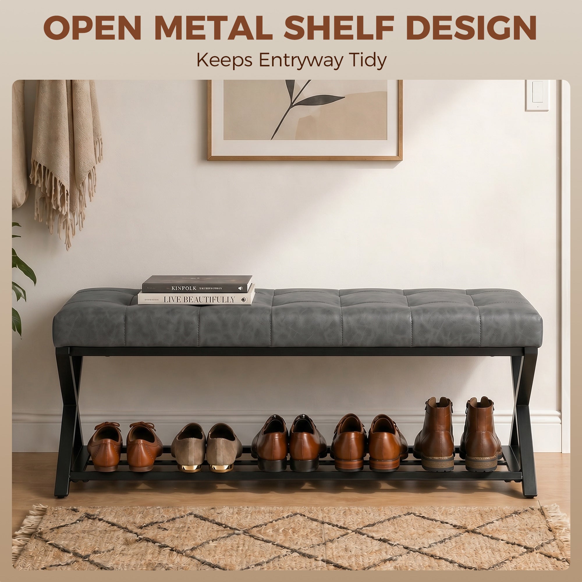 Padded Shoe Bench with Storage — Industrial X-Frame Steel, PU Leather, 485 lb Capacity, 44.1 x 14.6 x 18.5 in (112×37×47 cm), Dark Gray