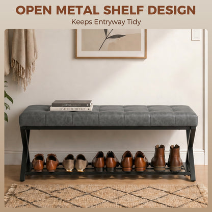 Padded Shoe Bench with Storage — Industrial X-Frame Steel, PU Leather, 485 lb Capacity, 44.1 x 14.6 x 18.5 in (112×37×47 cm), Dark Gray