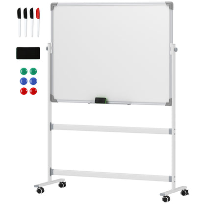 Double-Sided Magnetic Whiteboard 120 x 90 cm Magnetic Board with Pen Tray and Aluminum Frame Rotating Mobile Magnet for Office, Home