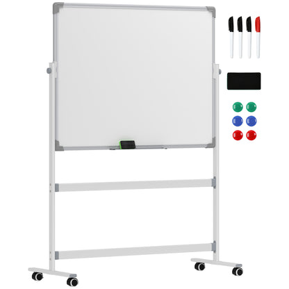 Double-Sided Magnetic Whiteboard 120 x 90 cm Magnetic Board with Pen Tray and Aluminum Frame Rotating Mobile Magnet for Office, Home