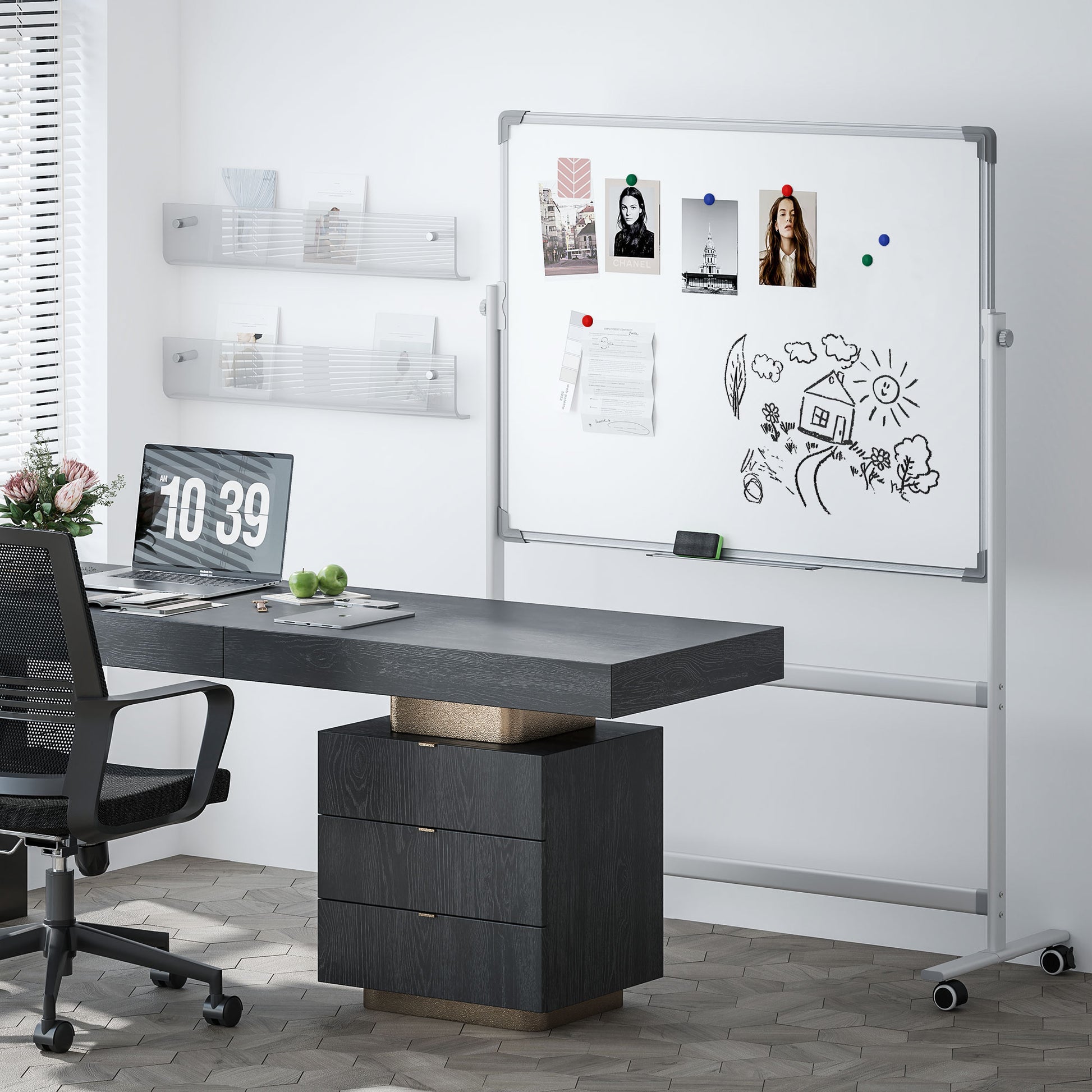 Double-Sided Magnetic Whiteboard 120 x 90 cm Magnetic Board with Pen Tray and Aluminum Frame Rotating Mobile Magnet for Office, Home