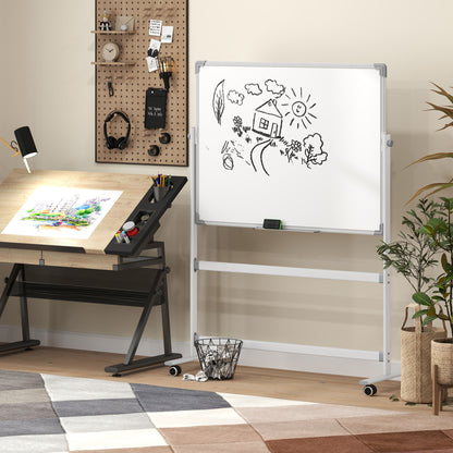 Double-Sided Magnetic Whiteboard 120 x 90 cm Magnetic Board with Pen Tray and Aluminum Frame Rotating Mobile Magnet for Office, Home