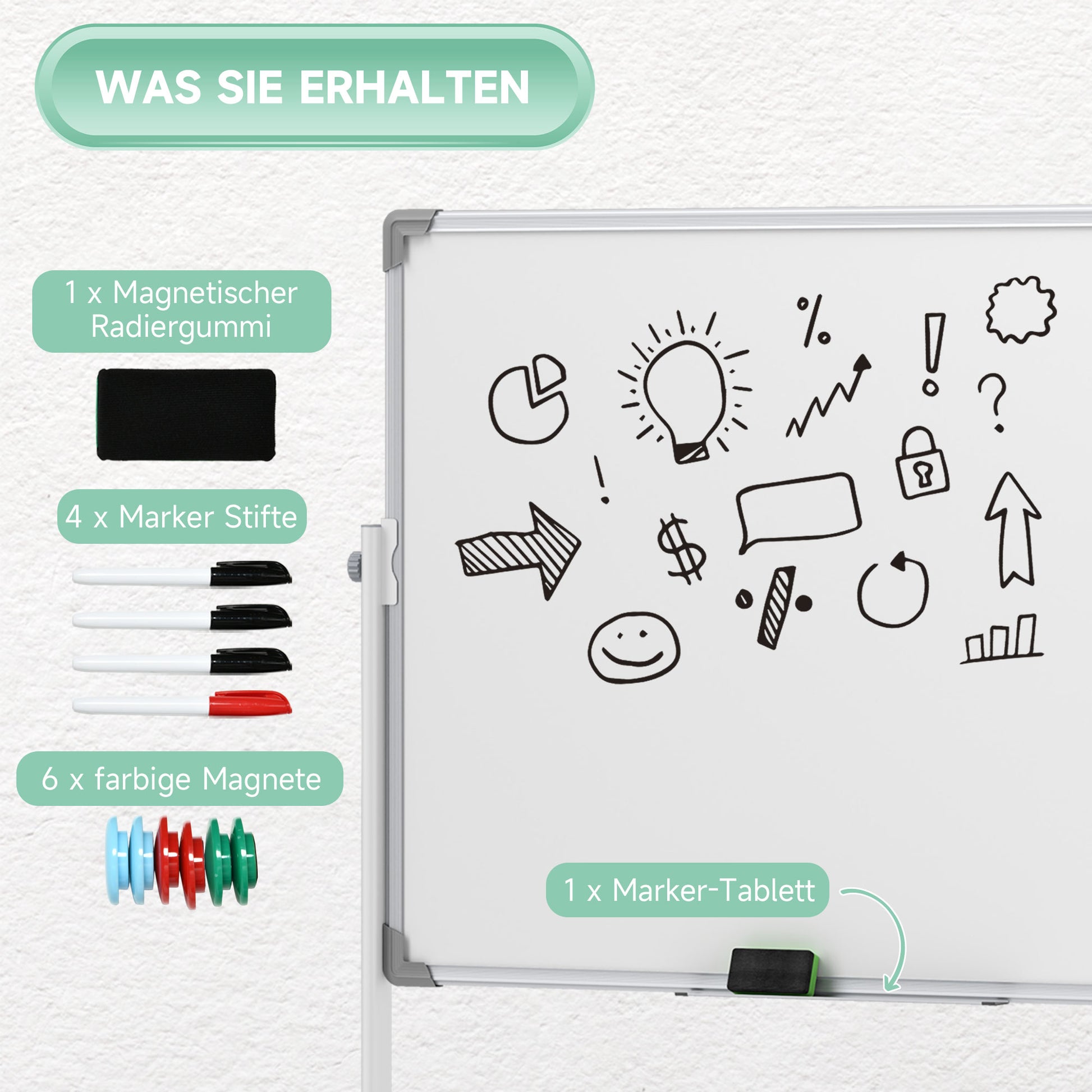 Double-Sided Magnetic Whiteboard 120 x 90 cm Magnetic Board with Pen Tray and Aluminum Frame Rotating Mobile Magnet for Office, Home