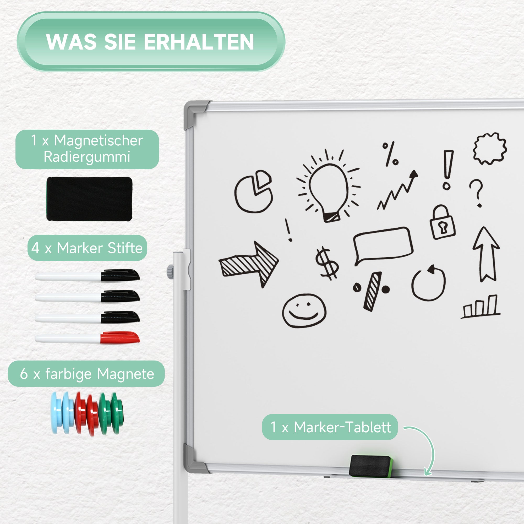 Double-Sided Magnetic Whiteboard 120 x 90 cm Magnetic Board with Pen Tray and Aluminum Frame Rotating Mobile Magnet for Office, Home