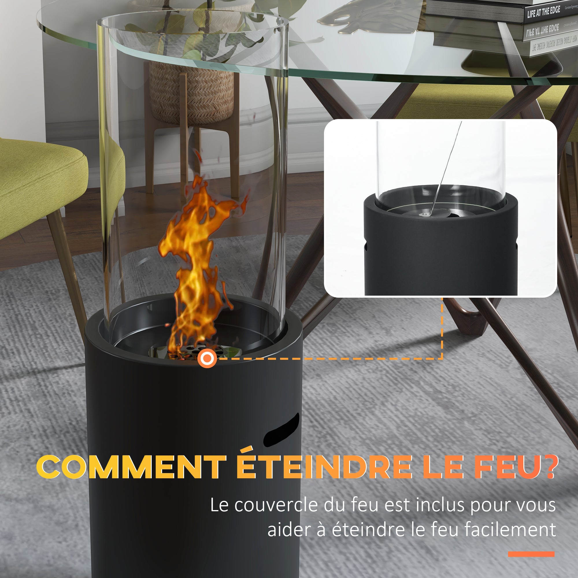 Bioethanol Fireplace made of Steel and Glass with a capacity of 0.3 L and a heating power for 15 sqm, 27 x 27 x 82 cm, Black