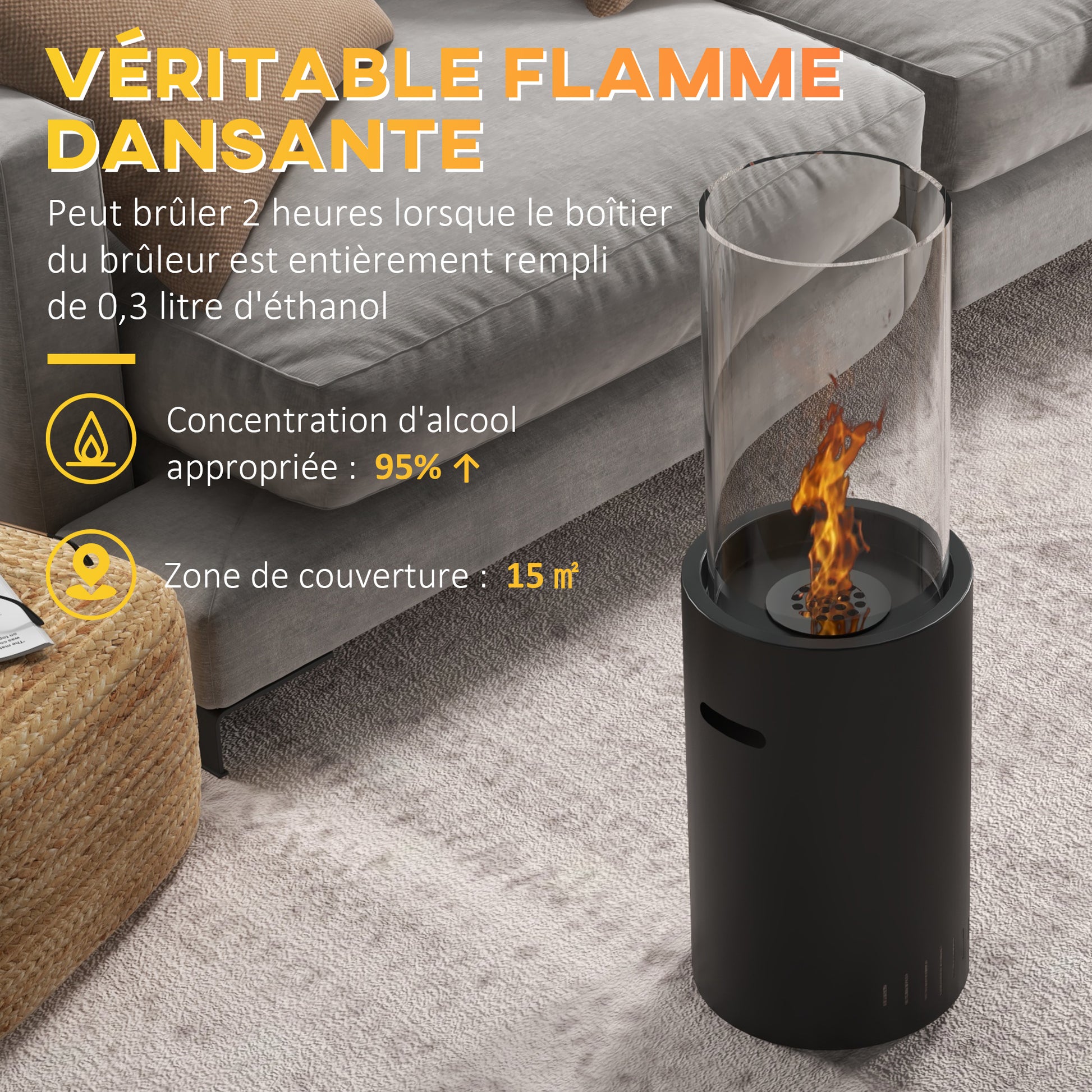 Bioethanol Fireplace made of Steel and Glass with a capacity of 0.3 L and a heating power for 15 sqm, 27 x 27 x 82 cm, Black